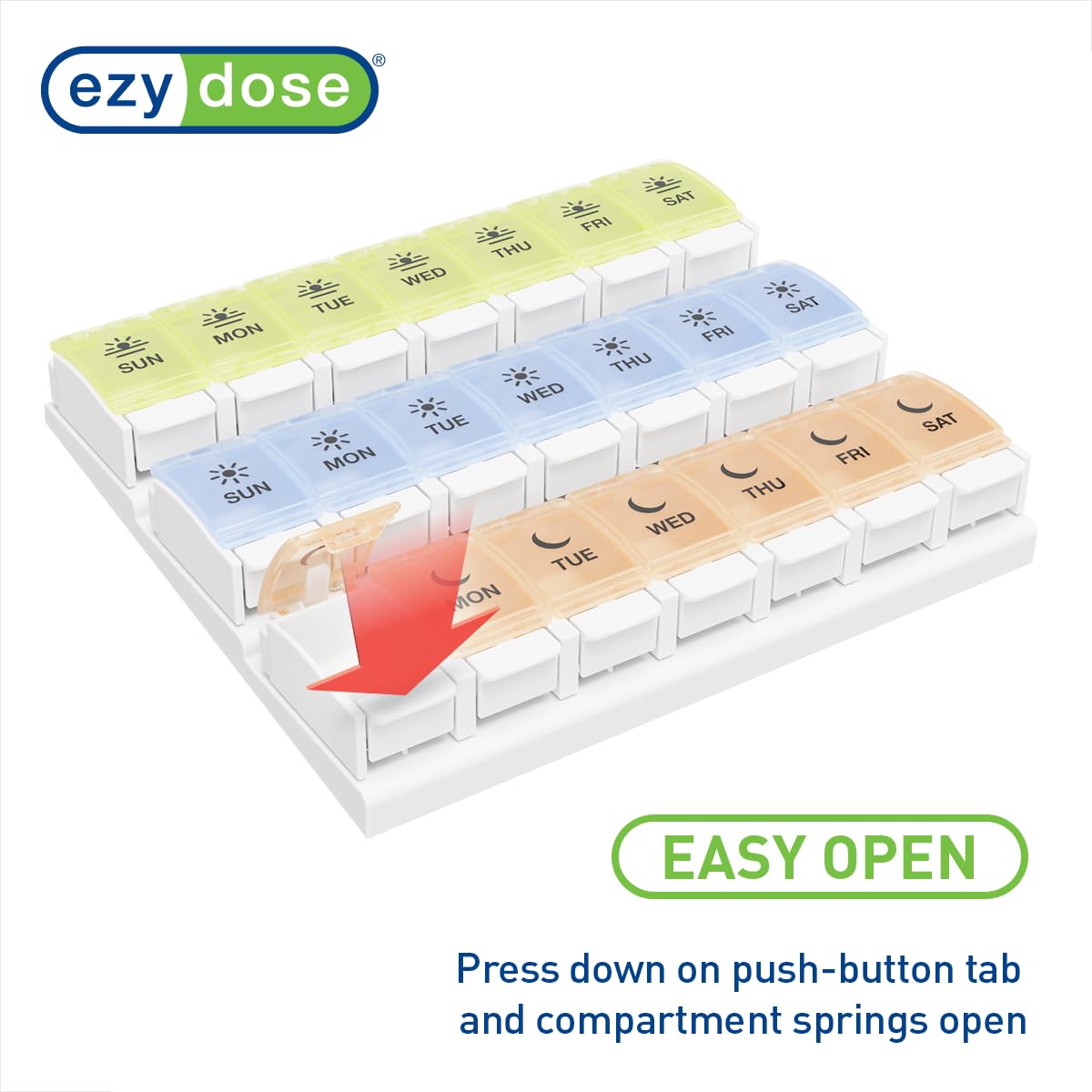 EZY DOSE Weekly (7-Day) Pill Case, Daily Medicine Planner, Vitamin Organizer Container, Large Push Button Compartments, Easy to Use, 3 Times a Day, Spring Open Design, Pastel Rainbow Lids, BPA Free