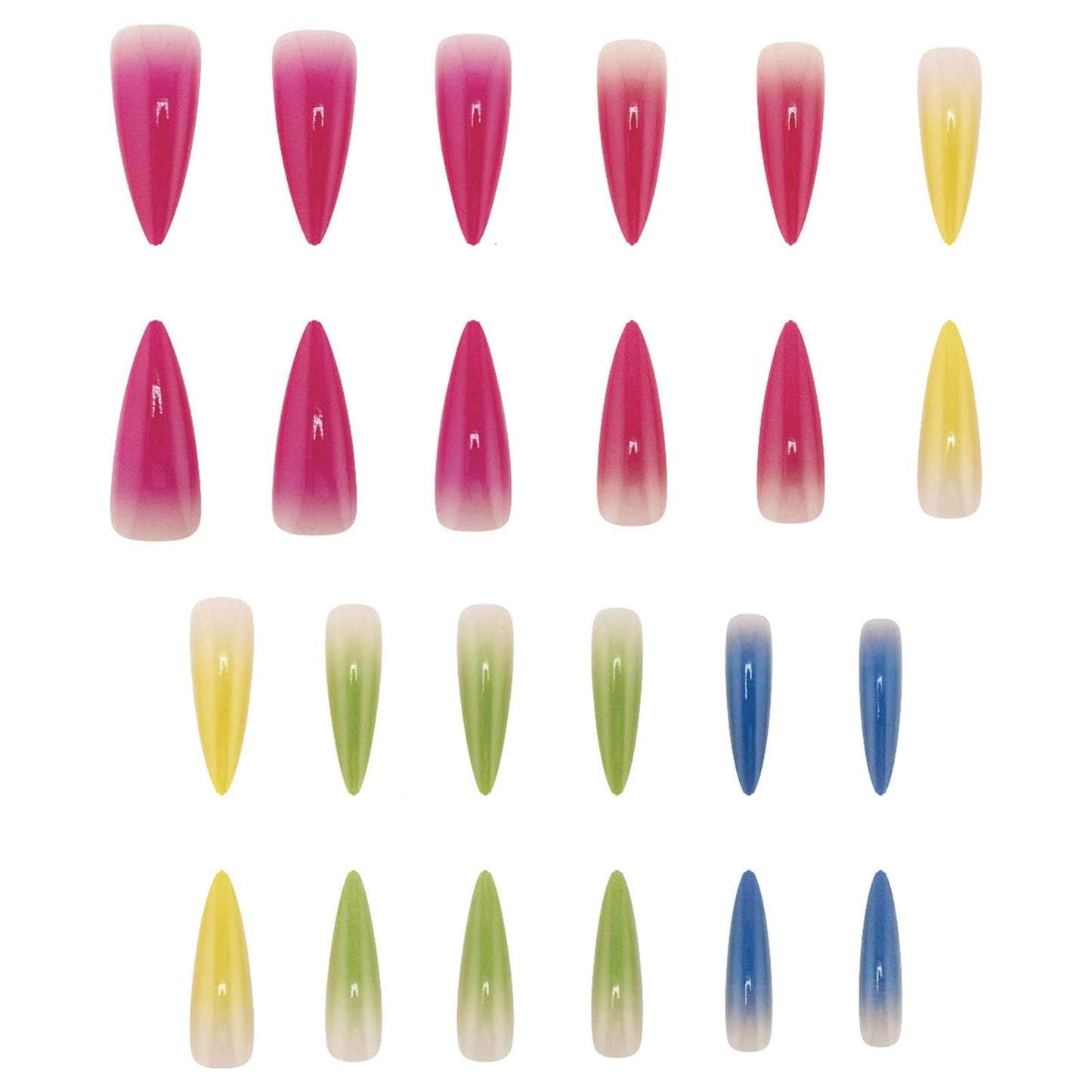 IMRAIN Colorful Ombre Press on Nails Long Stiletto Fake Nails Gradient Artificial False Nails Glossy Pink, Yellow, Green, Blue Acrylic Nails Full Cover Spring Stick on Nails