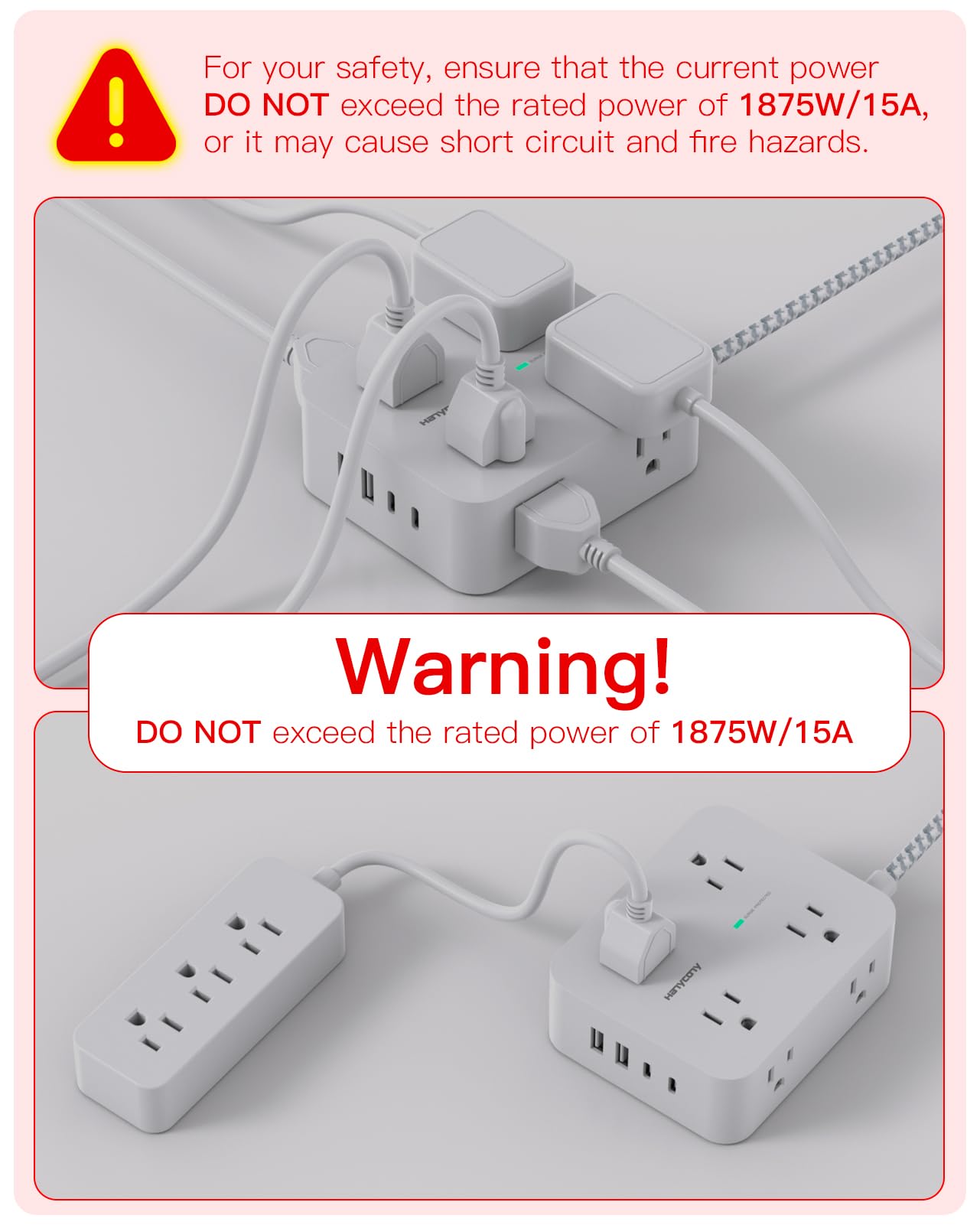 10 Ft Surge Protector Power Strip, HANYCONY Extension Cord with 8 AC Outlets 4 USB (2 USB C) Ports, Flat Plug, Wall Mount Desk USB Charging Station for Home