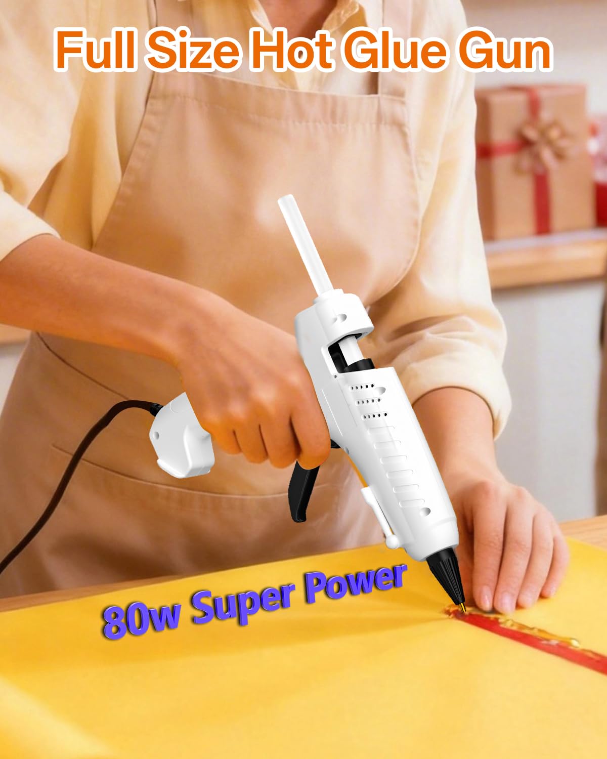 COMTO Full Size Hot Glue Gun with 10 Sticks, Heavy Duty Glue Gun with 80W Super Power, Anti-scald Nozzle and Easy Squeeze Trigger, Perfect for Crafting, DIY and Repairs - White