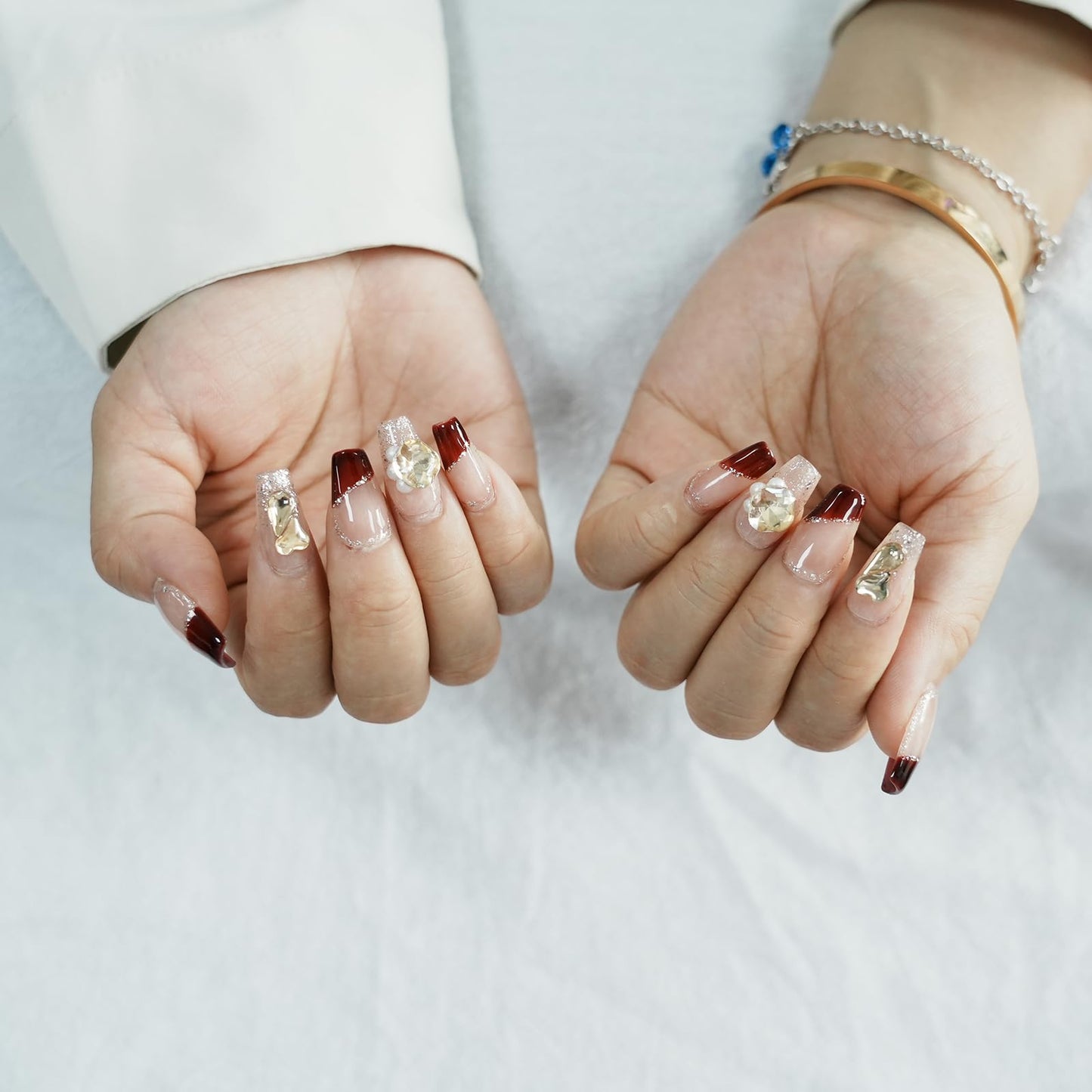 Tesytto Valentine French Tip Press On Nails Red Short Coffin - Nude Base Gold Glitter with 3D Rhinestone Decor Handmade Nails for Wedding, Party, New Year (Wine Red Romance,M)