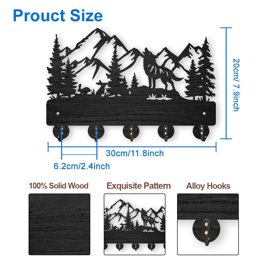 MAYJOYDIY Wolf Rabbit Forest Coat Hooks Wood Animal Moutain Key Holder Wall Mount 11.8×7.9inch Key Hanger Wall Art Decor 5 Alloy Hooks Black Key Rack Organizer for Gift Entryway Hallway Kitchen Room
