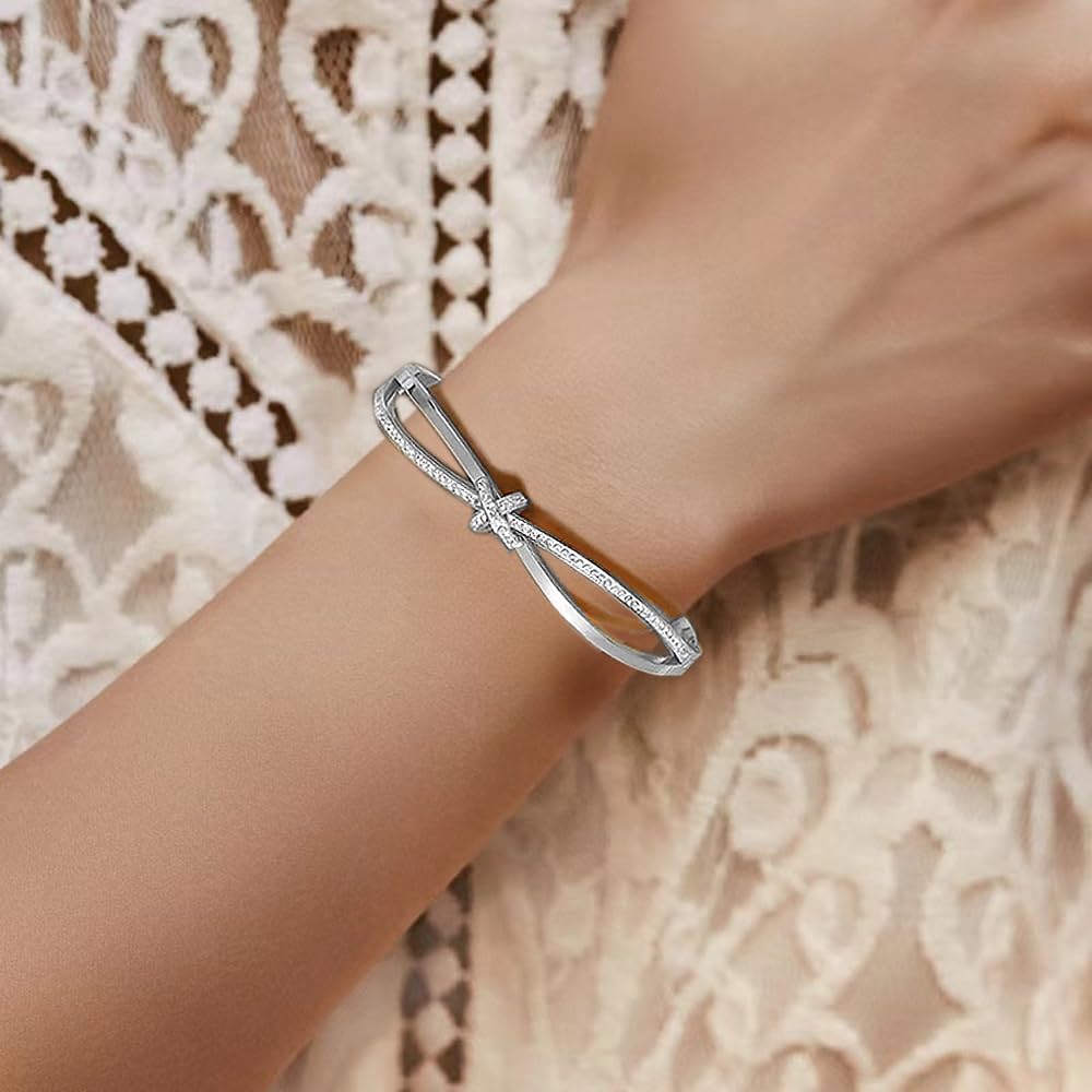 Bow Bangle Bracelet for Women Personalized Cubic Zirconia Stainless Steel Cross Bracelets Oval Butterfly Knot Bangles Bracelets Gifts for Love, Small