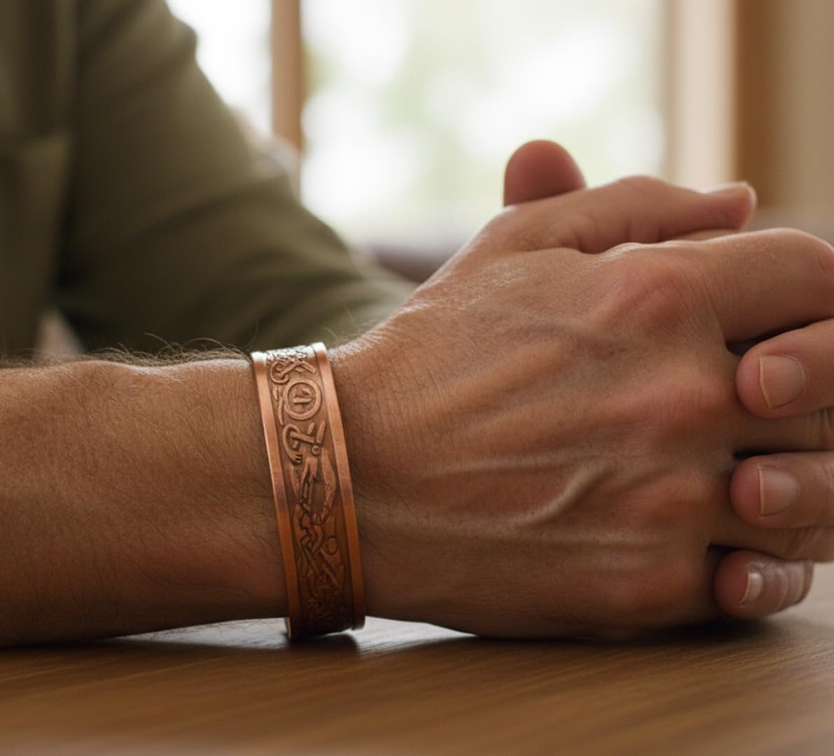 Touchstone handcrafted magnetic copper bracelet. Hand forged with solid and high gauge Tibetan style engraved cuff pure copper jewelry for women men. Attractive Celtic Design.