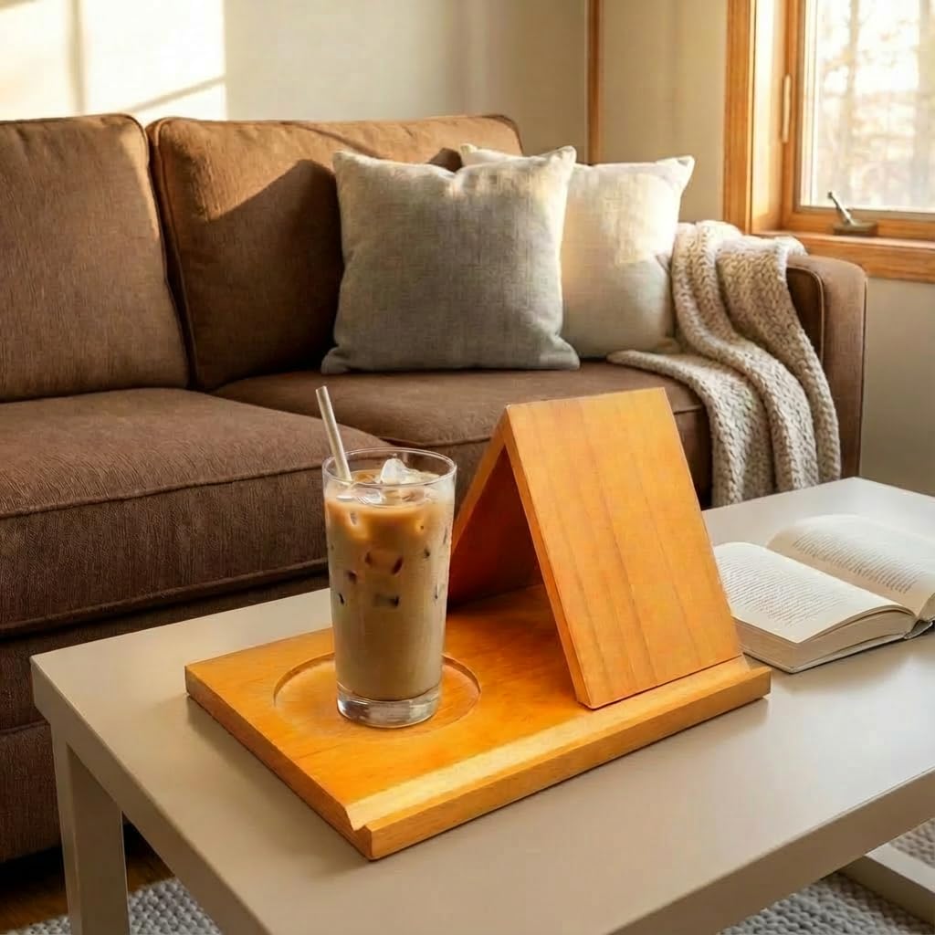 DIY Wooden Book Holder Stand with Drink Holder, Reading Rest Book Display for Desk, Bedside Gift for Book and Coffee Lovers- Brown