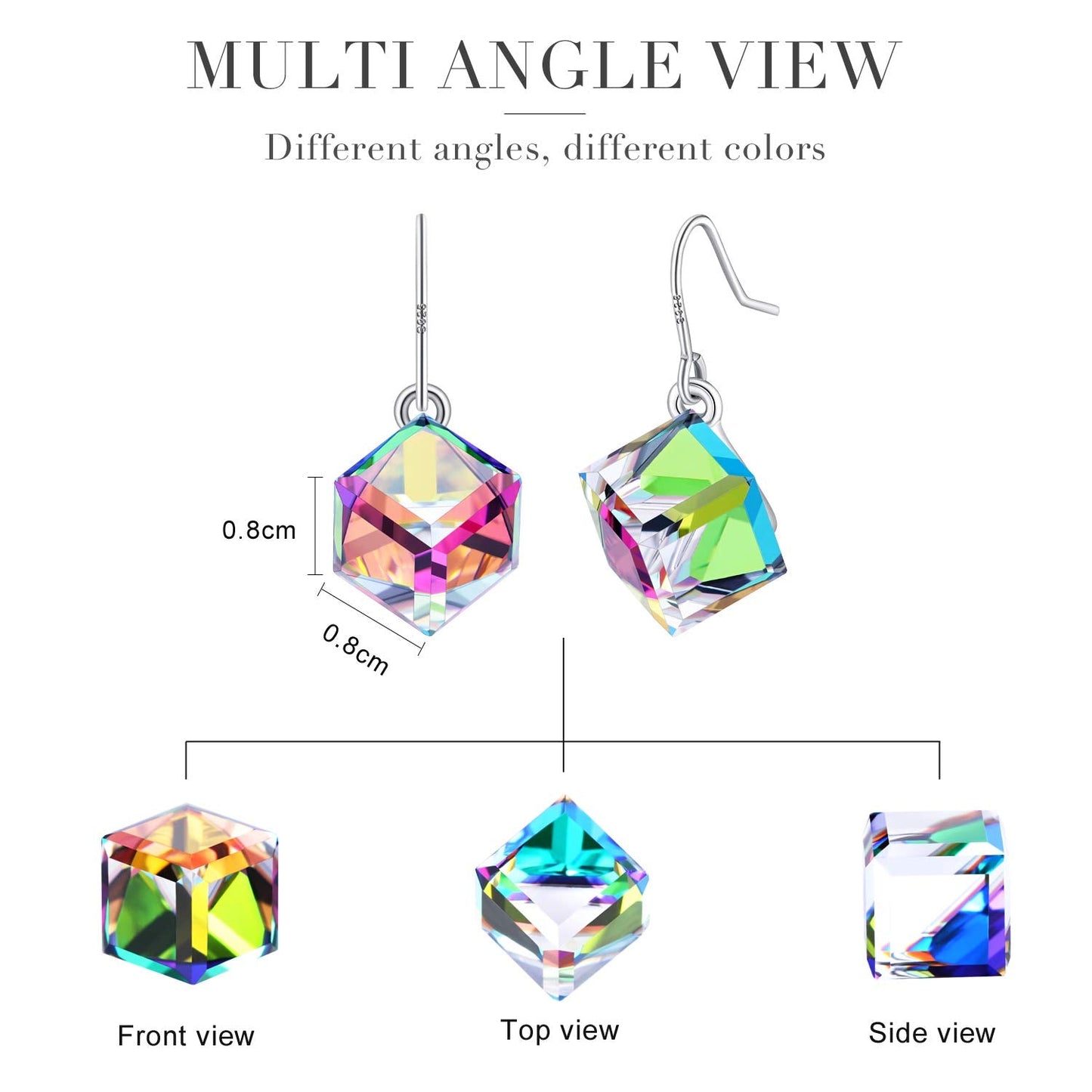 PLATO H S925 Sterling Silver Rainbow Cube Earrings Crystals for Women with Exquisite Unique Gift Box Dainty Jewelry Anniversary Unique Gift for Mother's Day