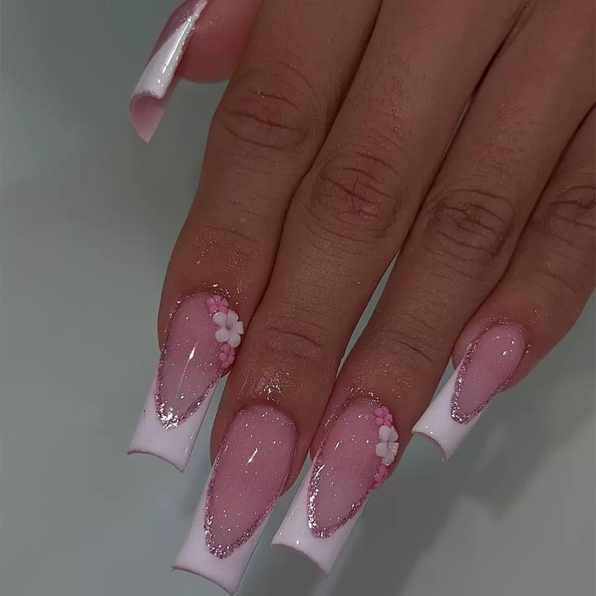 Long Press on Nails Square - White French Tip Fake Nails with Flower Chrams Design - Glossy Glitter Full Cover Stick on False Nails - for Women 24 Pcs