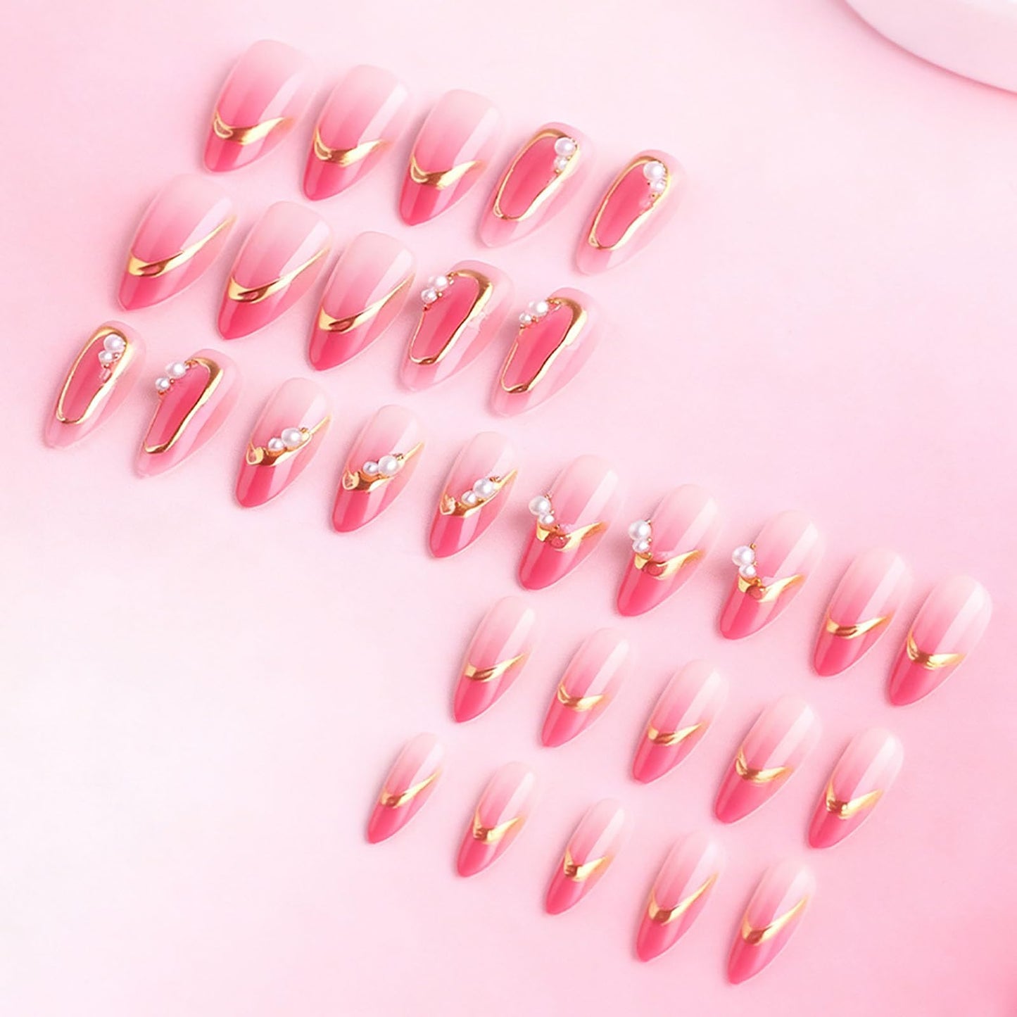 RUOKEXIN Almond Press on Nails French Tip Fake Nails Pink Ombre False Nails with Pearl Designs Medium Nail Press ons Sparkly Artificial Nails for Women 30Pcs