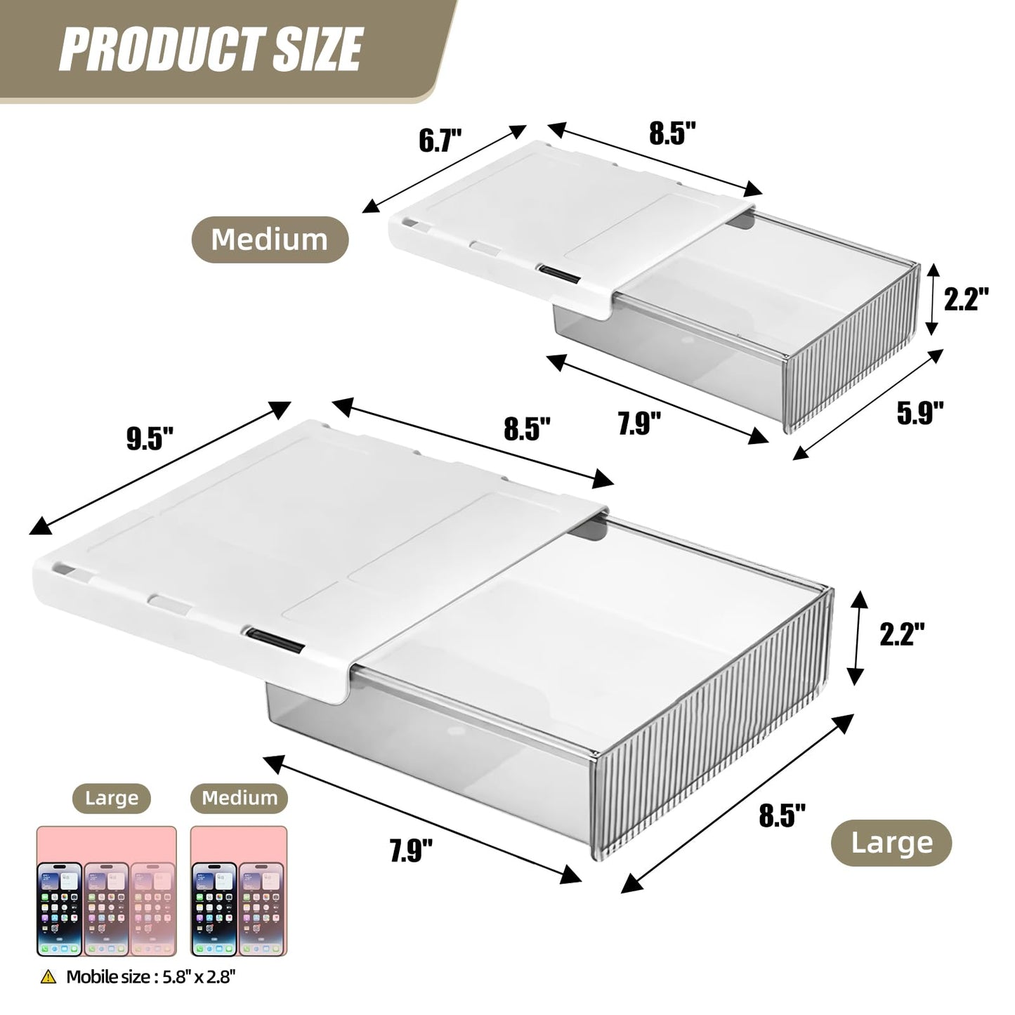2Pcs Under Desk Storage Drawers Slide Out,Large&Medium,Stick On Drawers,Under Desk Organizer Hidden Under Table Drawer for Home Office School Organization and Storage-Clear White