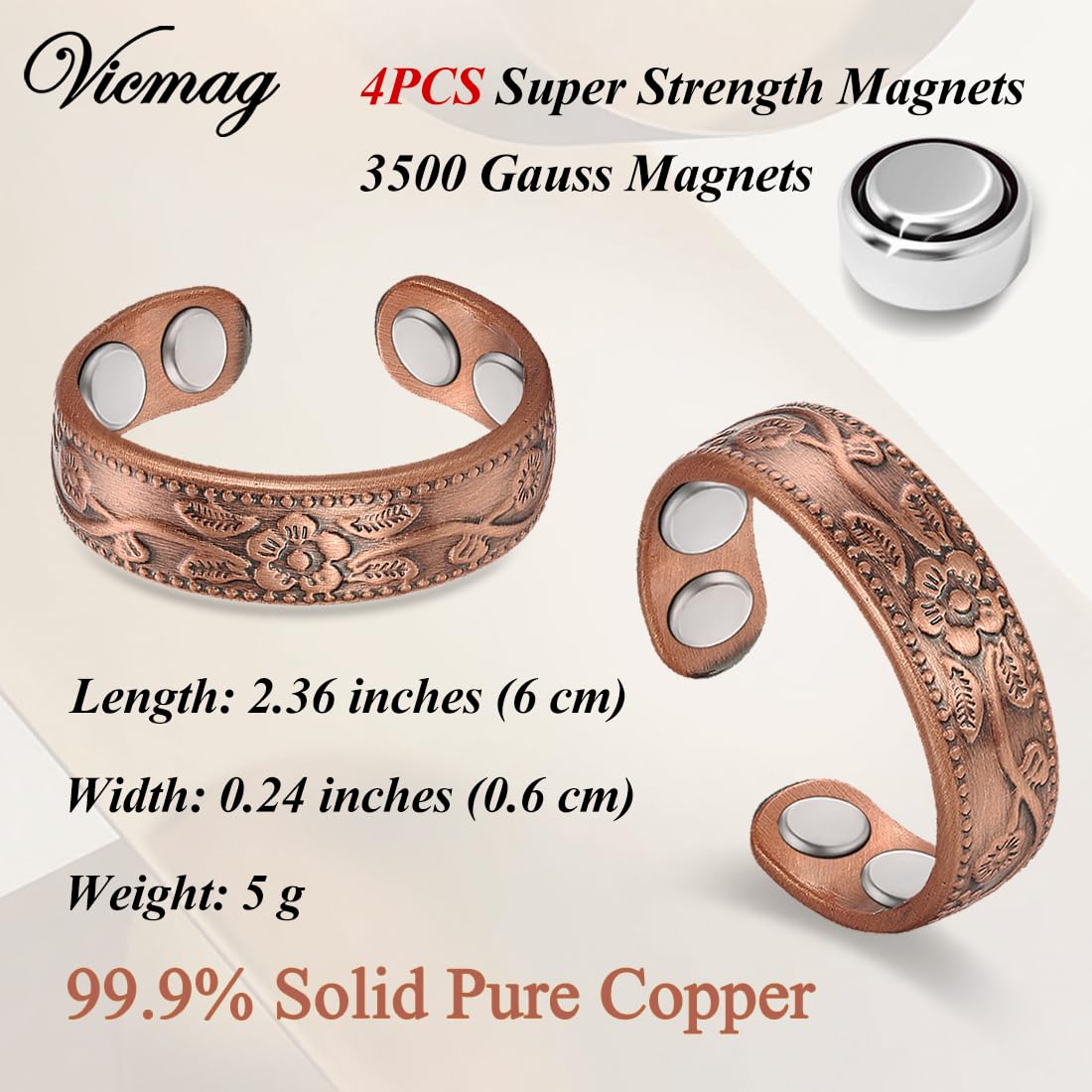 Vicmag 2PCS Copper Magnetic Rings for Women Ring for Fingers with 4X Magnets 100% Solid Pure Copper Gift Adjustable