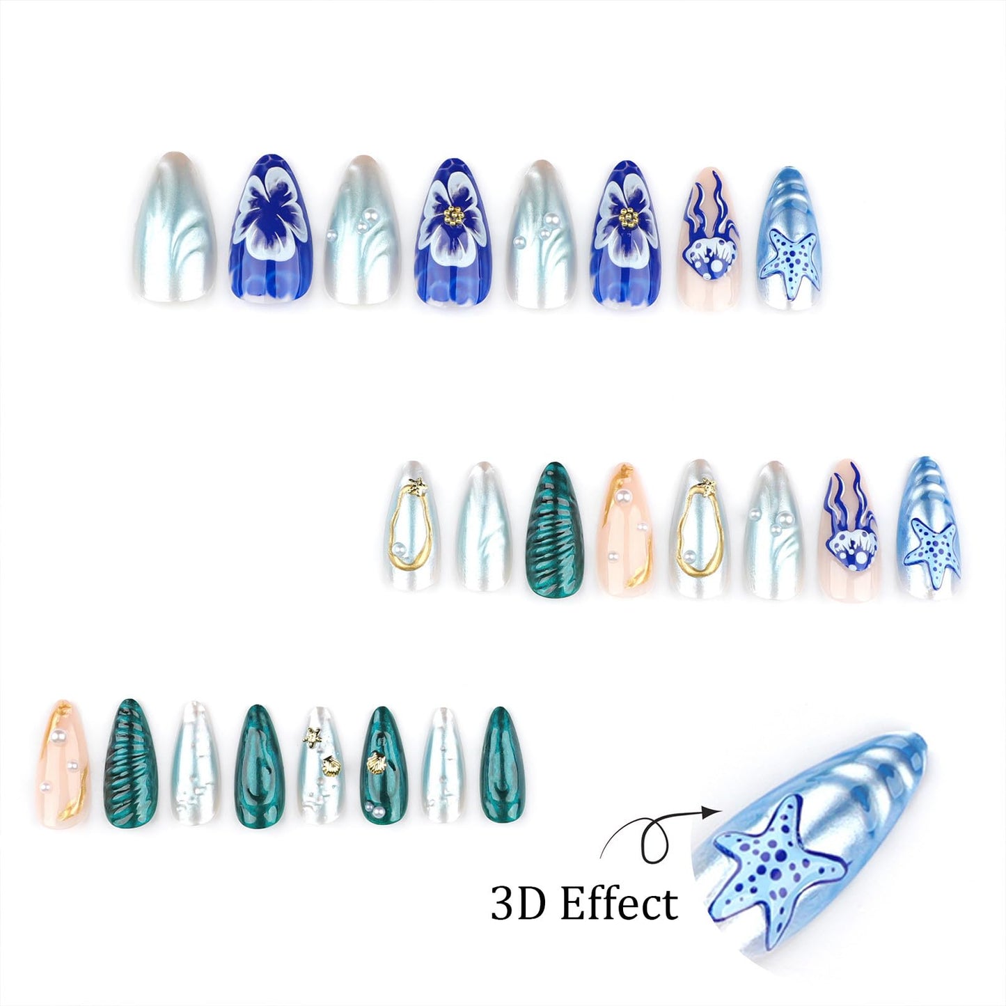 Summer Beach Press on Nails Medium Almond Fake Nails 3D Ocean Waves Acrylic Nails Blue Jellyfish Starfish Artificial Nails Gold Star False Nails with Pearl Designs Glue on Nails for Women Girls 24Pcs