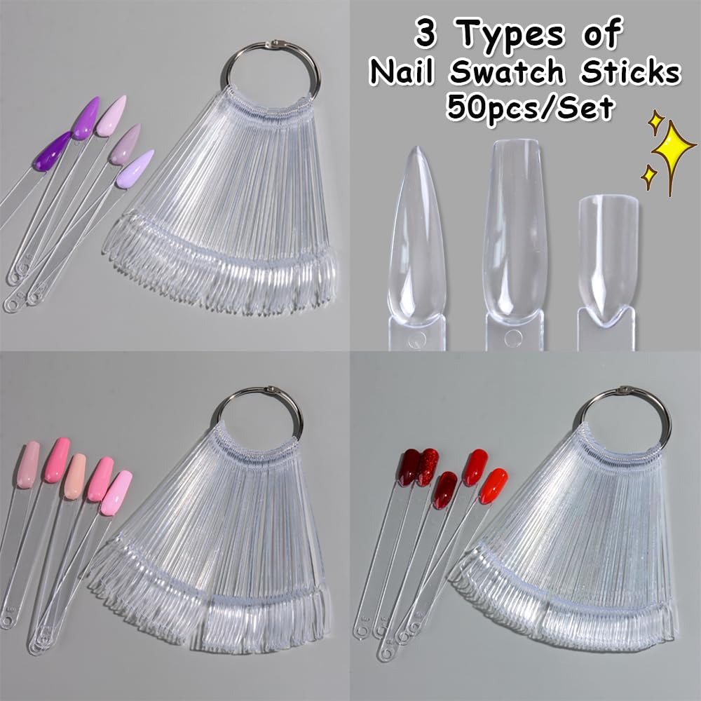 150 Pcs Nail Swatch Sticks with Ring & Nail Art Display Stand Storage Rack, Clear Fan-shaped Display for Nail Art Polish Practice, False Nail Sample Tips Nail tech Supplies for Home or Salon Use