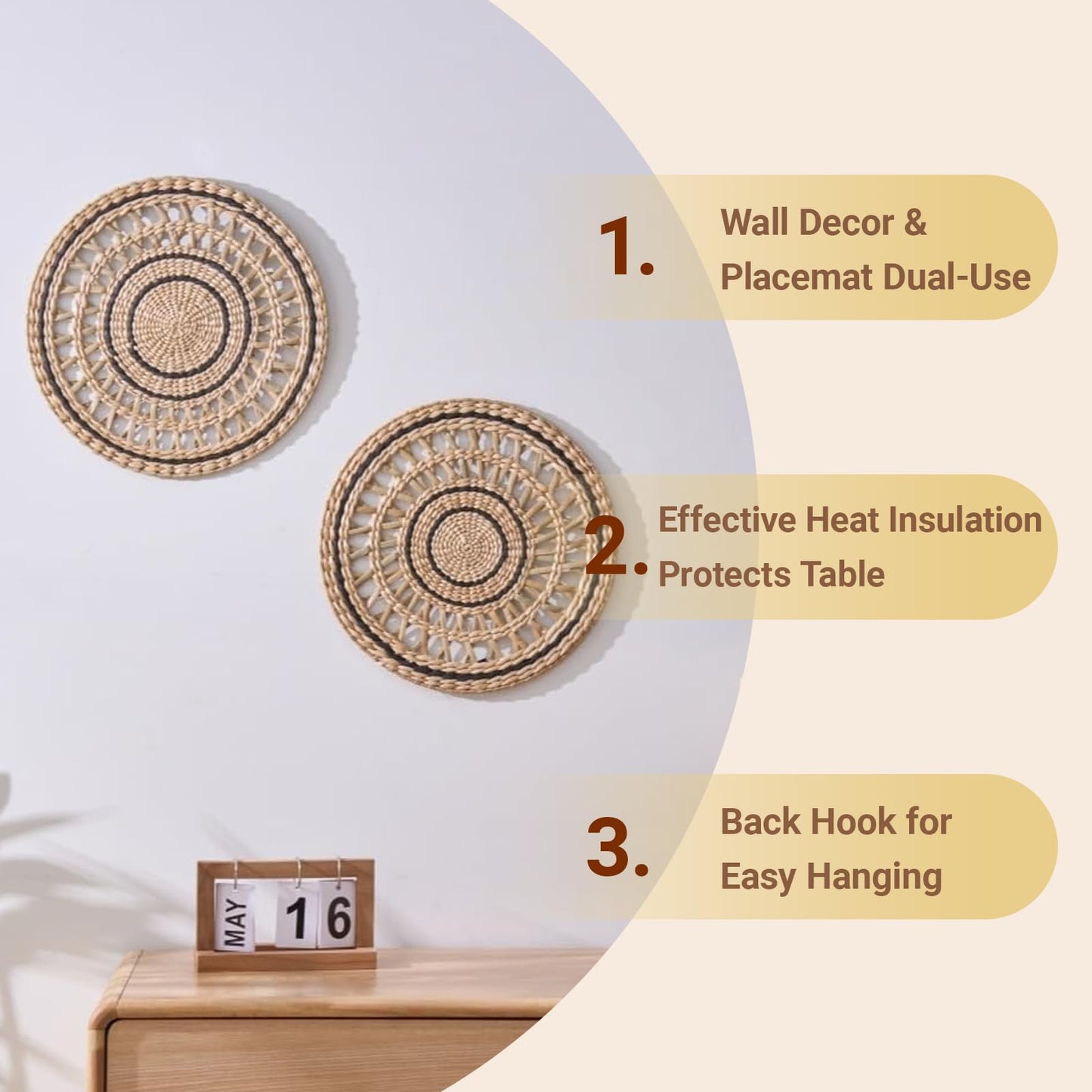 Deosur 2PCS Boho Woven Grass Wall Hanging & Tray – 35CM Handmade Round Wall Art for Living Room & Bedroom – Dual-Purpose, in Black
