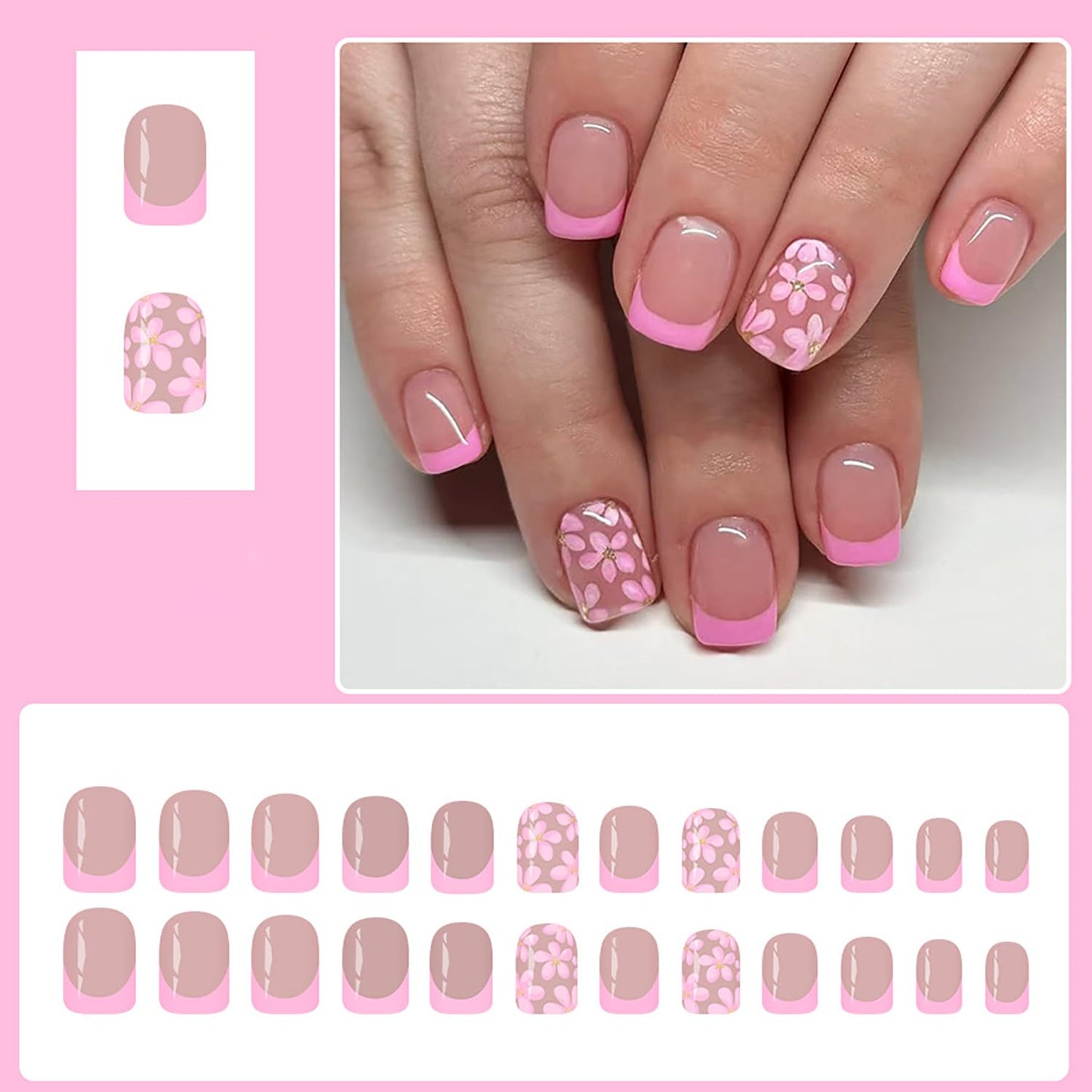 French Tip Press On Nails Short Fake Nails Square Nude Pink False Nails With Pink Flowers Designs Acrylic Spring Nails Press Ons Full Cover Glue On Nails Flower Stick On Nails For Women