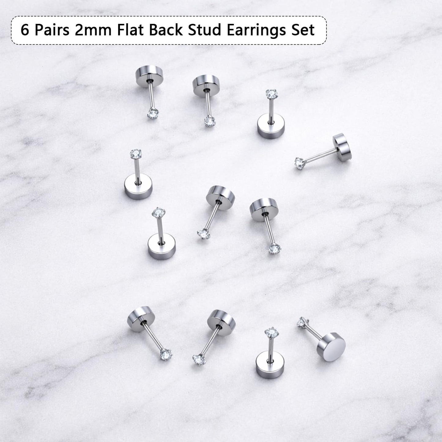 6 Pairs Silver 2mm Tiny Flat Back Earrings for Women Men, Surgical Steel 20G Small Stack Round Cubic Zirconia Earrings for Multiple Piercing, Hypoallergenic Piercing Studs for Sensitive Ears
