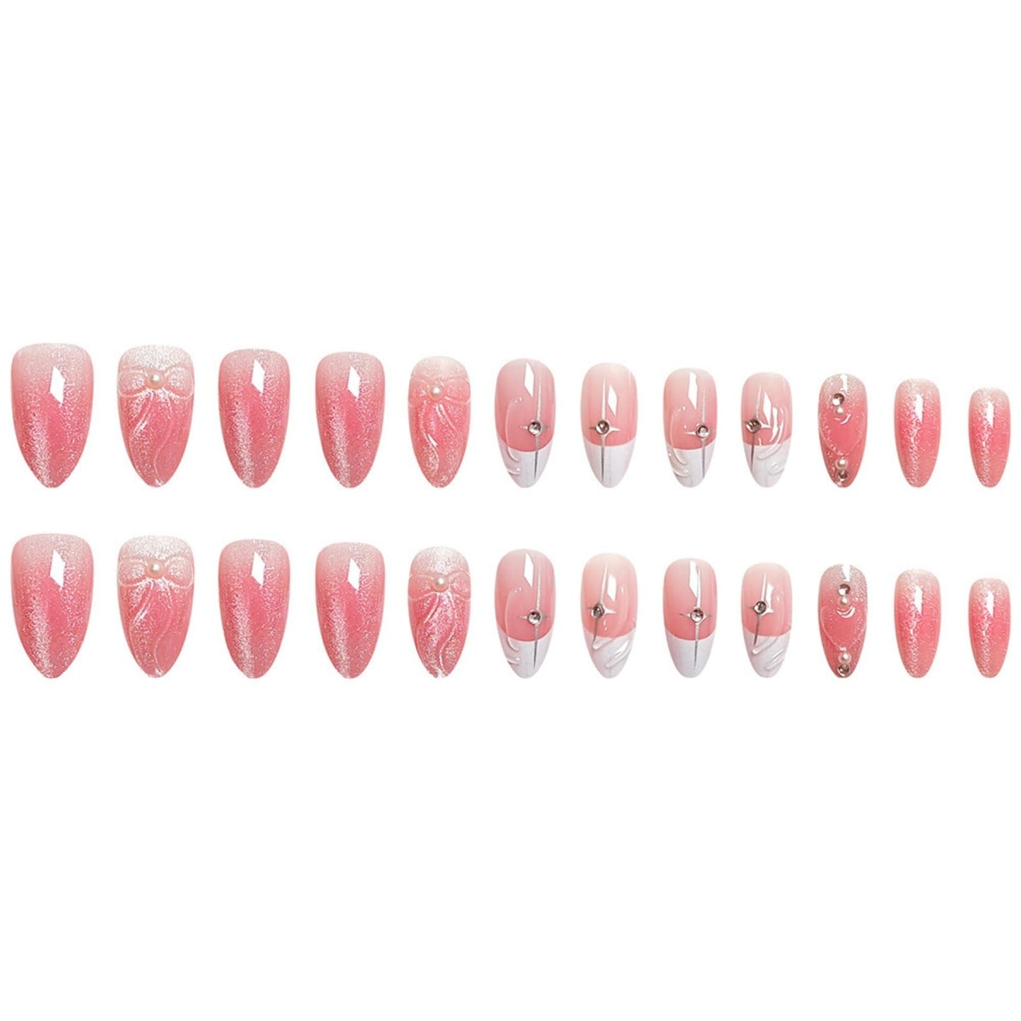Octoswave Medium Press on Nails Almond Fake Nails French Tip Pearl Artificial Nail 3D Rhinestones Charm Stick on Nail for Women 24pcs