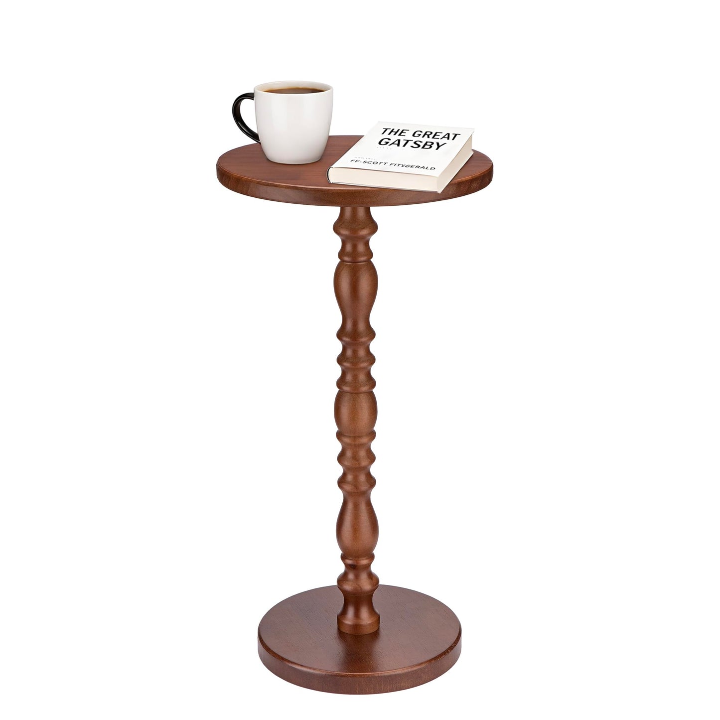 Junistra Solid Wood Round Side Table, Rustic Pedestal Drink Table for Small Spaces, Accent Nightstand Table for Living Room, Bedroom, Corners, and Office, Brown