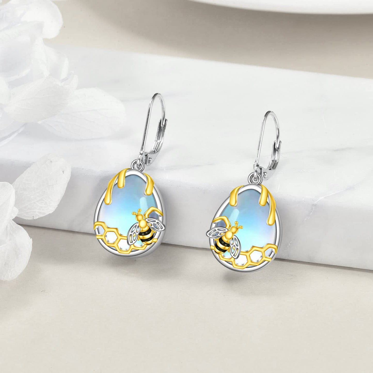 YFN Honeycomb Bee Moonstone Earrings 925 Sterling Silver Teardrop Dangle Hypoallergenic Leverback Earring for Women