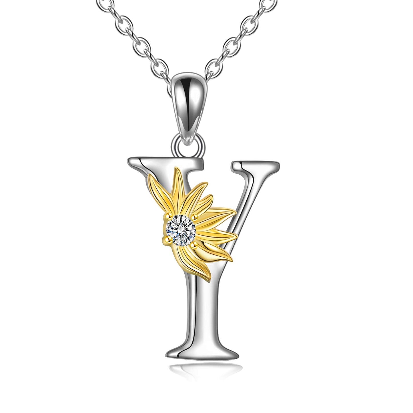 POPLYKE Sterling Silver Initial Alphabet Letter Script Name Pendant Chain Necklace for Women for (Sunflower Y)