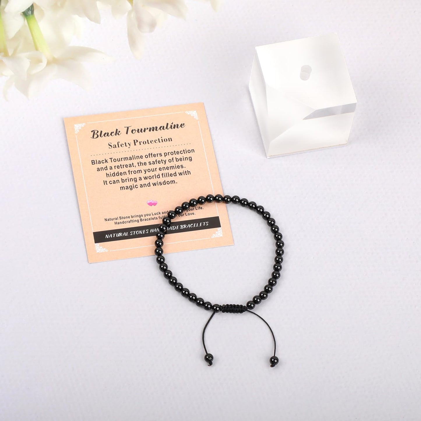 AD Beads 4mm Black Onyx Bracelet - Stone of Safety Protection - Handmade Natural Stone Crystal Bracelet with Adjustable Macrame String - Yoga Healing Power Energy Gifts for Men and Women