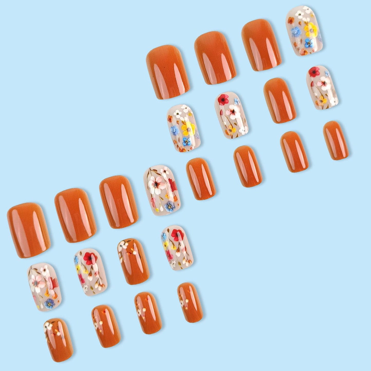 Short Press on Nails Square Nails Press ons Orange Full Cover Fake Nails Spring Acrylic Nails 3D Colorful Flowers Glue on Nails Cute Glossy Artificial False Nails for Women 24 Pcs