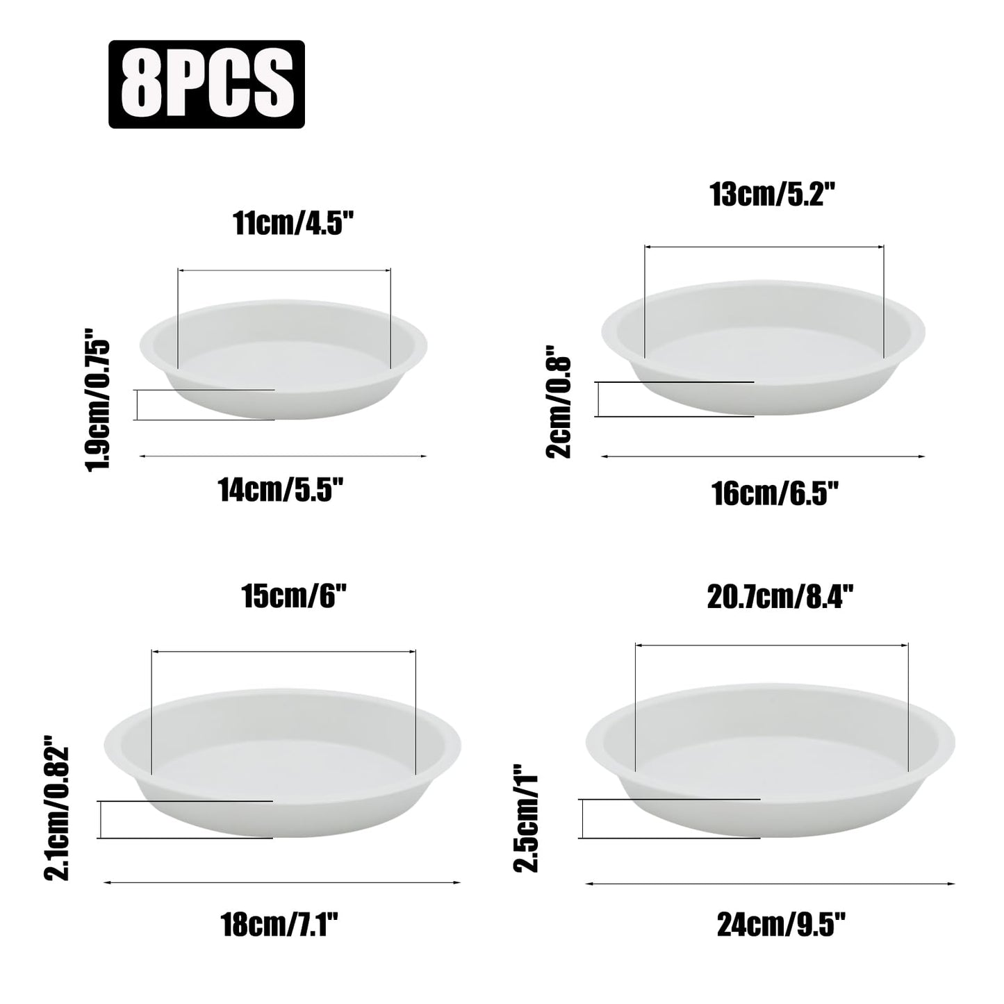 JAKOUE 4 Size Round Plant Saucer,8 Pack Pant Pot Trays, Plant Saucers for Indoors and Outdoors, Seed Starting Tray, Growing Trays,White（4",5",6",8"）