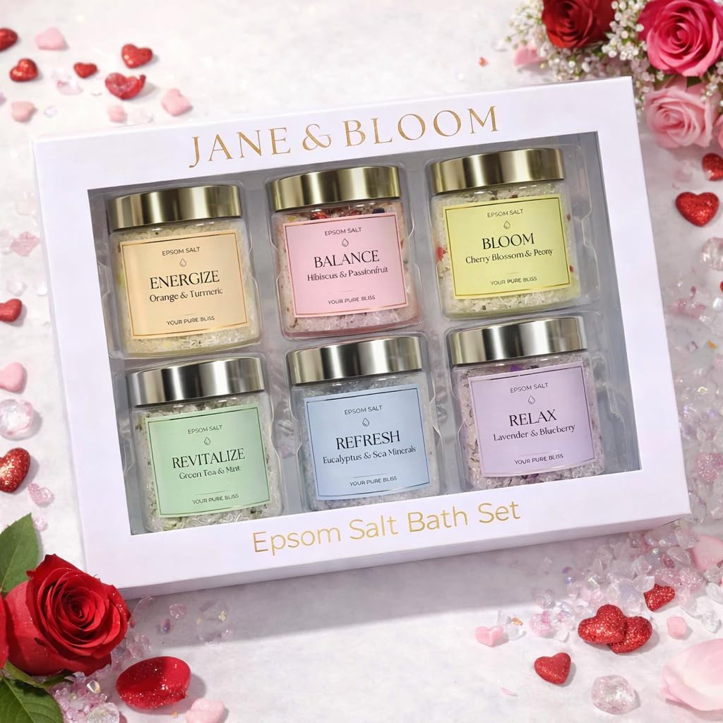 Epsom Salt Bath Gift Set – 6 Aromatherapy Blends with Essential Oils – Bath & Body Gift Set for Women, Stress Relief, Self Care, Birthday Gifts – Jane & Bloom