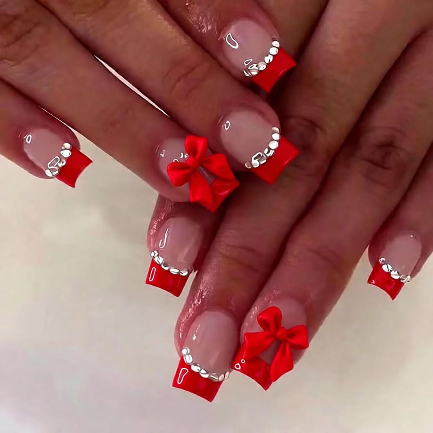 Red French Tip Press on Nails Medium Square Fake Nails with Red Bow Designs Rhinestone Tip Full Cover Stick on Nails Cute Nails Press ons Nude Glossy Artificial False Nails for Women Girls 24Pcs