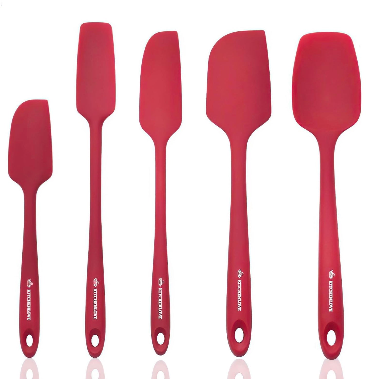 KITCHENLOVE Premium 600°F Heat Resistant 5 Piece Silicone Spatula Set for Baking, Cooking, Mixing - Non-Stick with High Grade S-Iron Steel Core - One Piece Seamless Design - BPA Free (Red)
