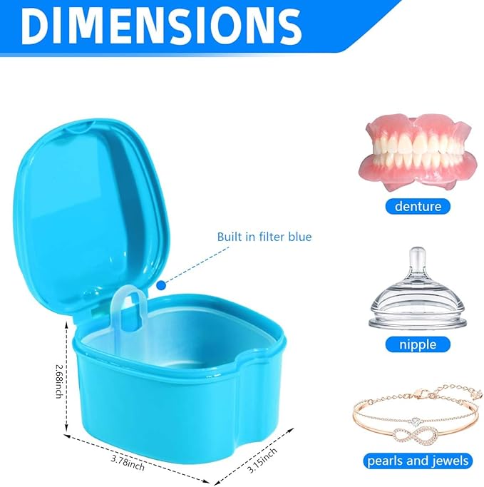 Light Blue Denture Bath Case Cup Box Holder Storage Soak Container with Strainer Basket for Travel Cleaning