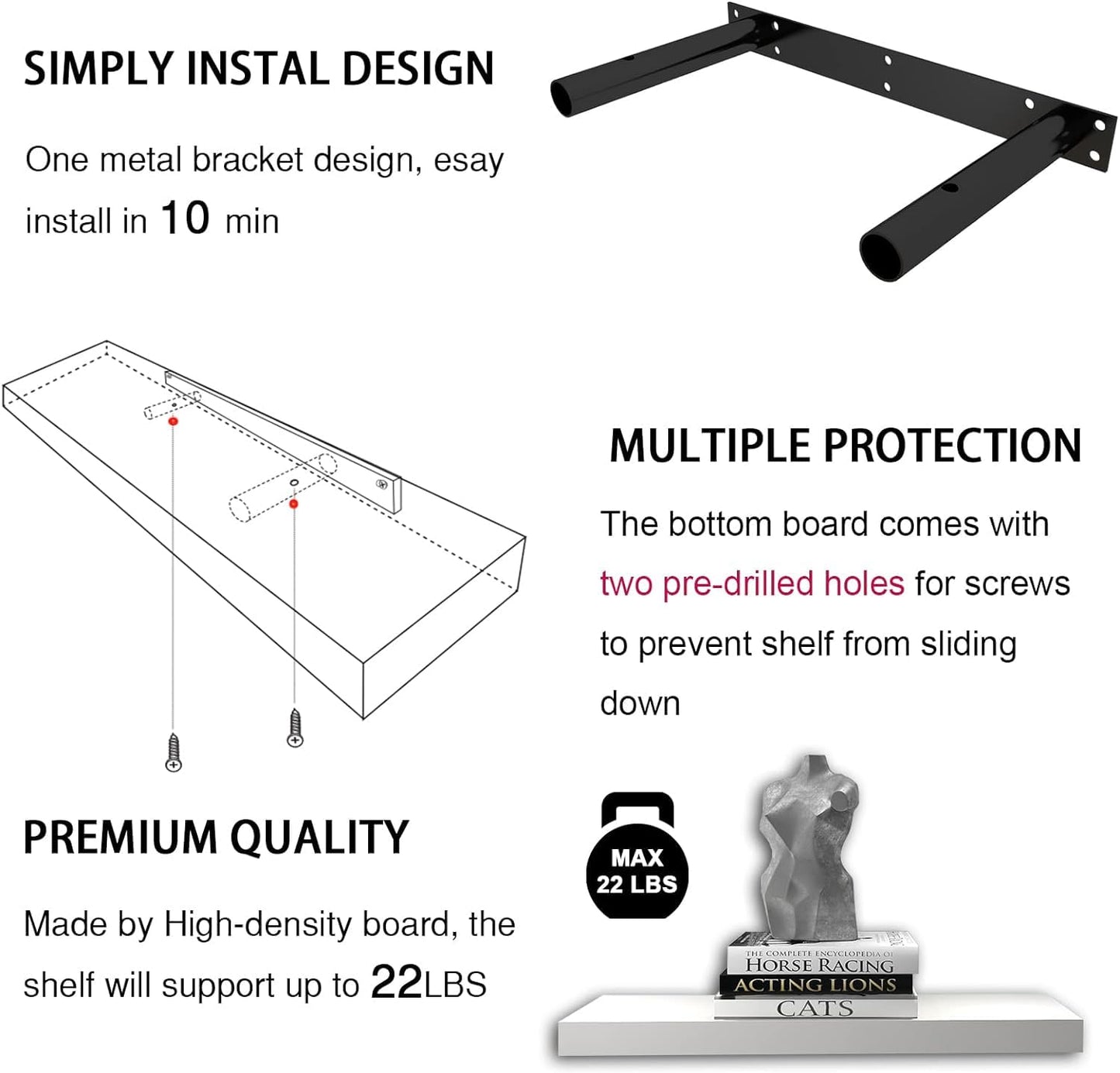 INHABIT UNION White Floating Shelves for Wall-24in Wall Mounted Display Ledge Shelves Perfect for Bedroom Bathroom Living Room and Kitchen Decoration Storage (Set of 2)