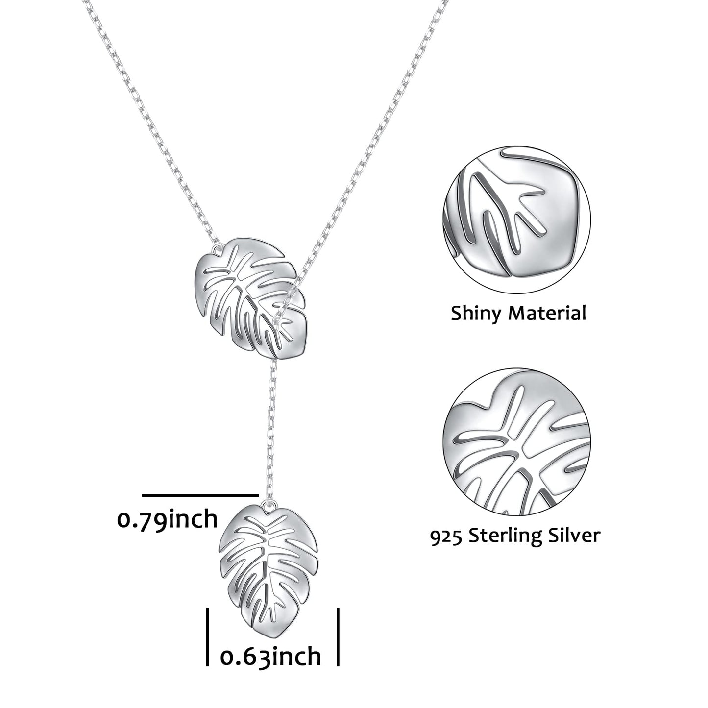 DAOCHONG Monstera Palm Leaf Y Shaped Lariat Necklace Sterling Silver Palm Leaf Lariat Long Chain Drop Adjustable Necklace Layered Necklace 30"