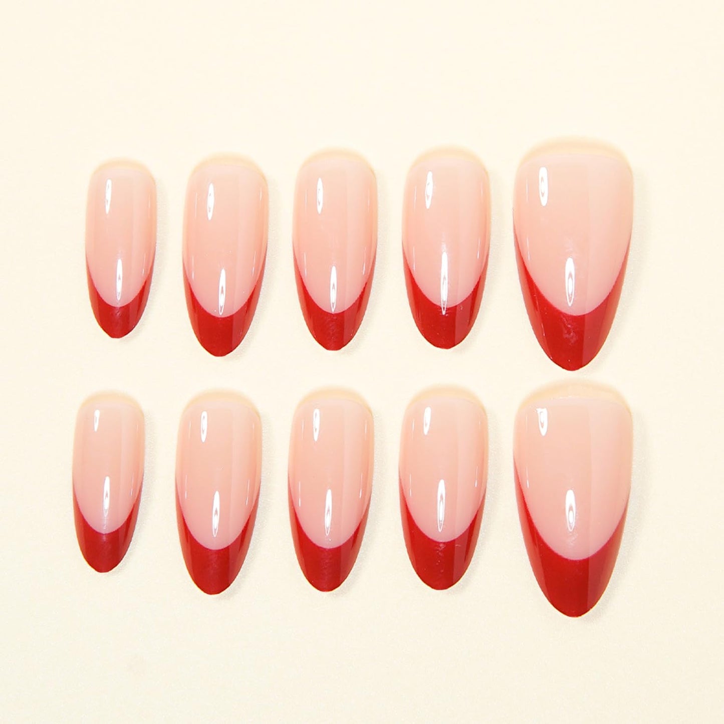 30Pcs Red Press on Nails with French Tip Designs, Medium Almond Fake Nails Glossy Nude False Nails Luxury French Nail Tips Solid Color Stick on Fingernails Cute Exquisite Fashion Simple for Women