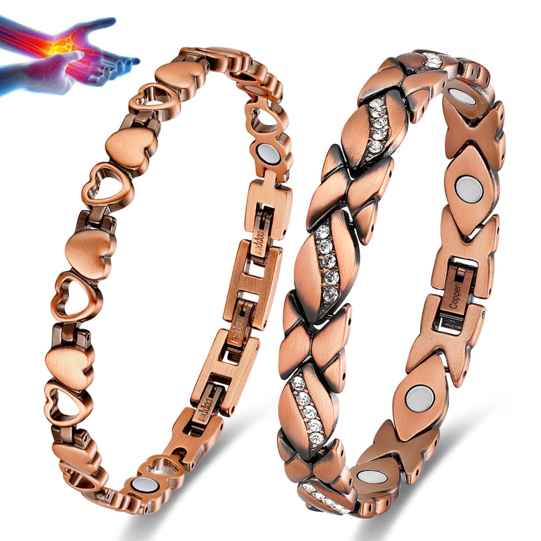 Vicmag Copper Magnetic Bracelet for Women Magnets Brazaletes 99.9% Solid Pure Copper Jewelry Gift for Her (Adjustable Size with Gift Box) (2PCS Love Heart)