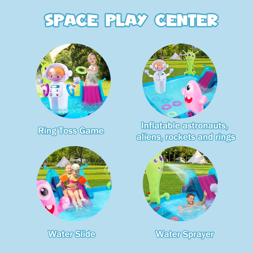 Inflatable Play Center Pool with Slide, Space Astronaut Square Kiddie Pool, 94.5" Square Outdoor Water Play Center with Sprinkler & Ring Toss for Summer Outdoor, Garden/Backyard Fun