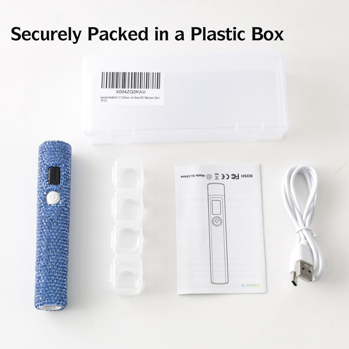 keeyada Handheld UV Nail Lamp with Sparkly Rhinestones, 3W Portable LED Nail Lamp, Wireless Rechargeable USB Nail Dryer with Silicone Stamper, LCD Display, Ideal for Home DIY Manicures (Light Blue)