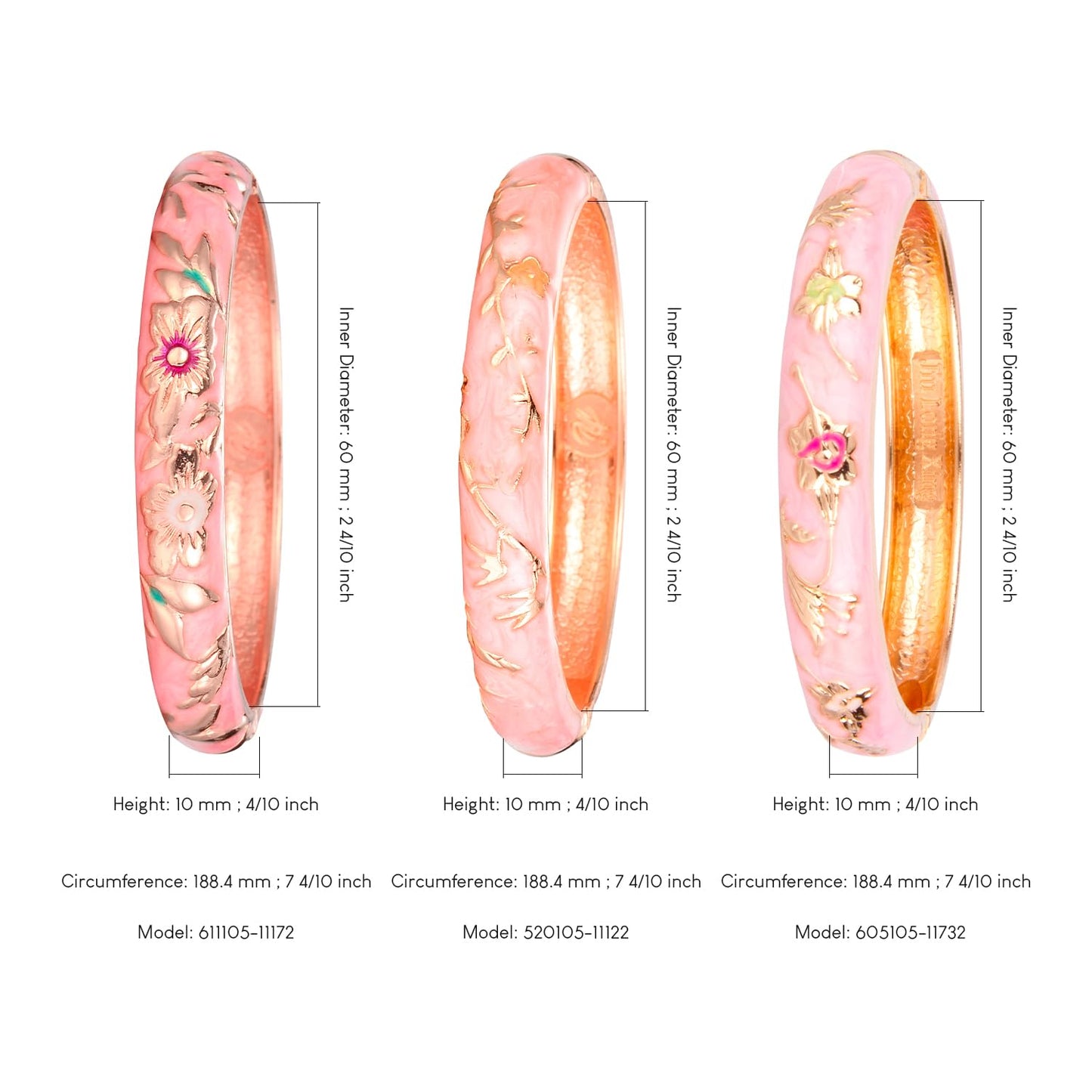UJOY Vintage Cloisonne Bracelet Beautiful Flower Enamel Hinge Gold Plated Rose Bangles Jewelry for Women's Gifts 55A 3pcs Pink
