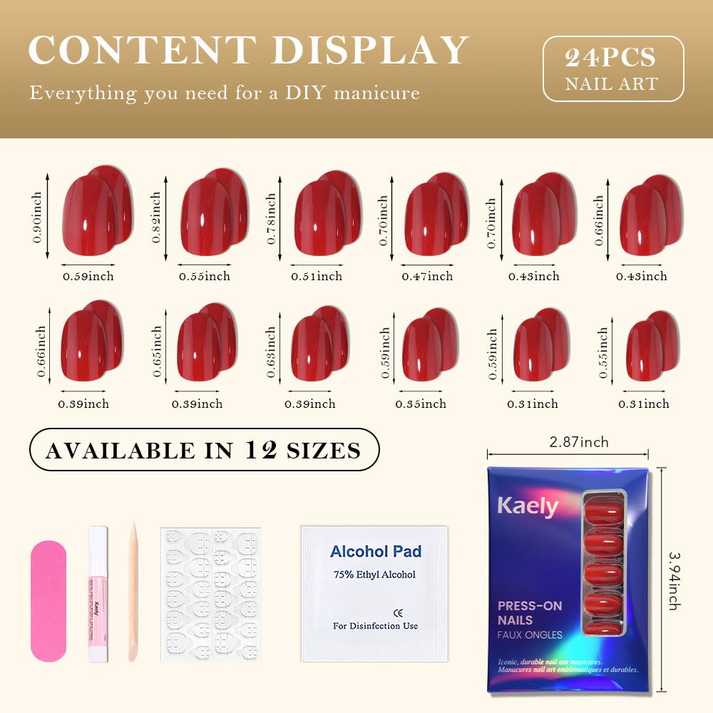 evpct Red Medium Oval Glossy Press on Nails for Women Gift, Glossy Red Fake Nail with Nail Kit Manicure Kits, Soft Gel Full Cover Reusable Stick on Soft Acrylic False Nail Perfectly Fit