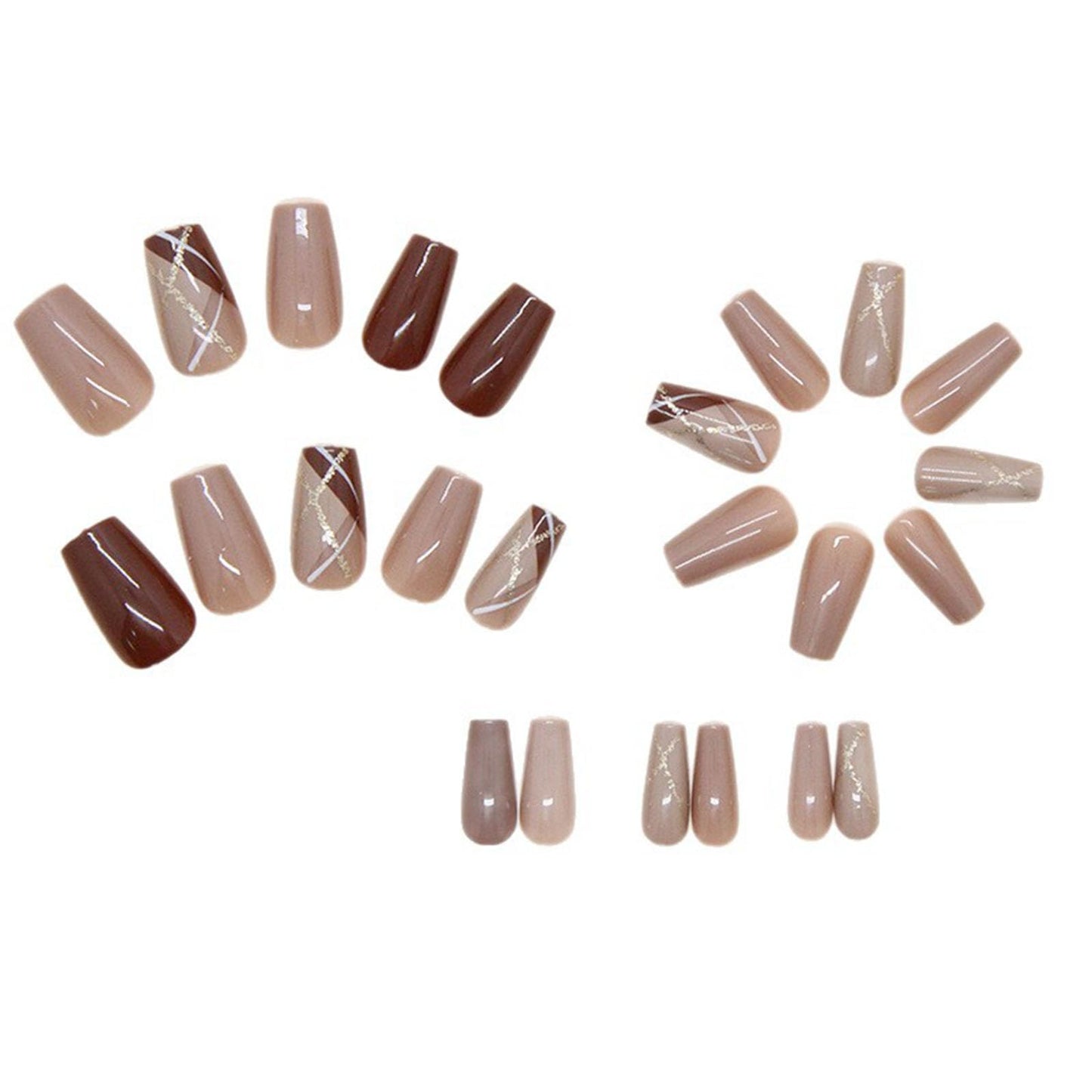 24Pcs Press on Nails Medium Coffin Fake Nails with Golden Glitter White Lines Designs Glossy Nails Press ons Brown Full Cover Glue on Nails Acrylic Nails Artificial Stick on Nails for Women