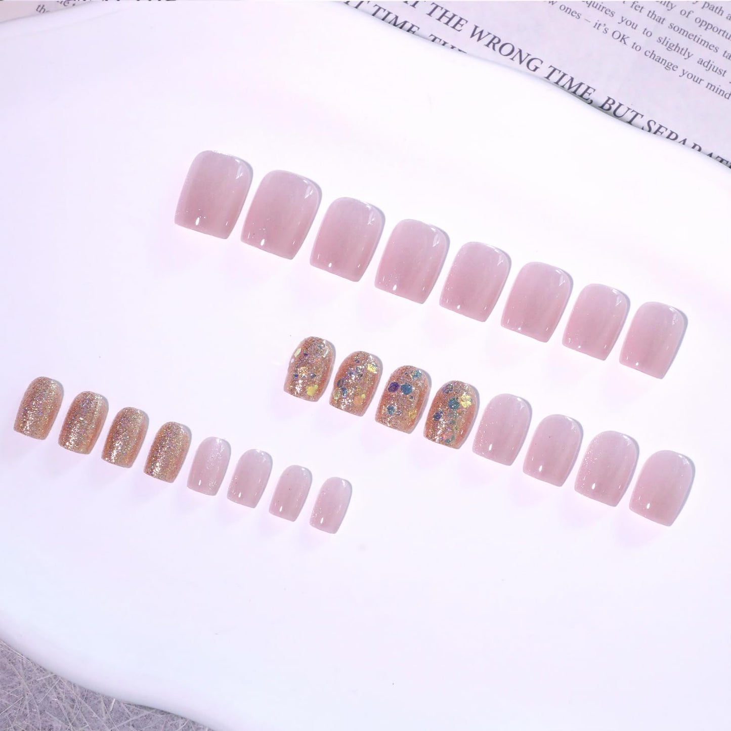 Stbisen 24PCS Short Square Press On Nails, Pink Jelly Glitter Fake Nails, Reusable Short Length Stick On Nails with Iridescent Sparkle Design for Women DIY Salon Manicure