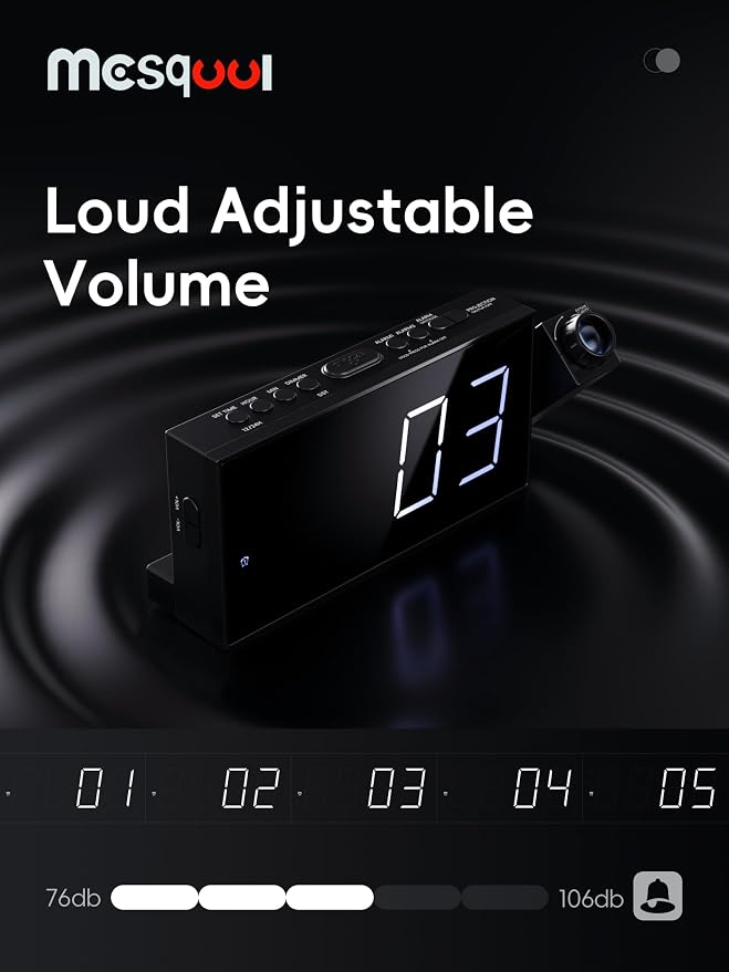 Mesqool Projection Alarm Clock with Loud Bed Shaker, Dual Alarms | 5-level Dimmer, USB charger, Snooze & DST, Loud Vibrating Alarm with Battery Backup, Perfect for Heavy Sleepers