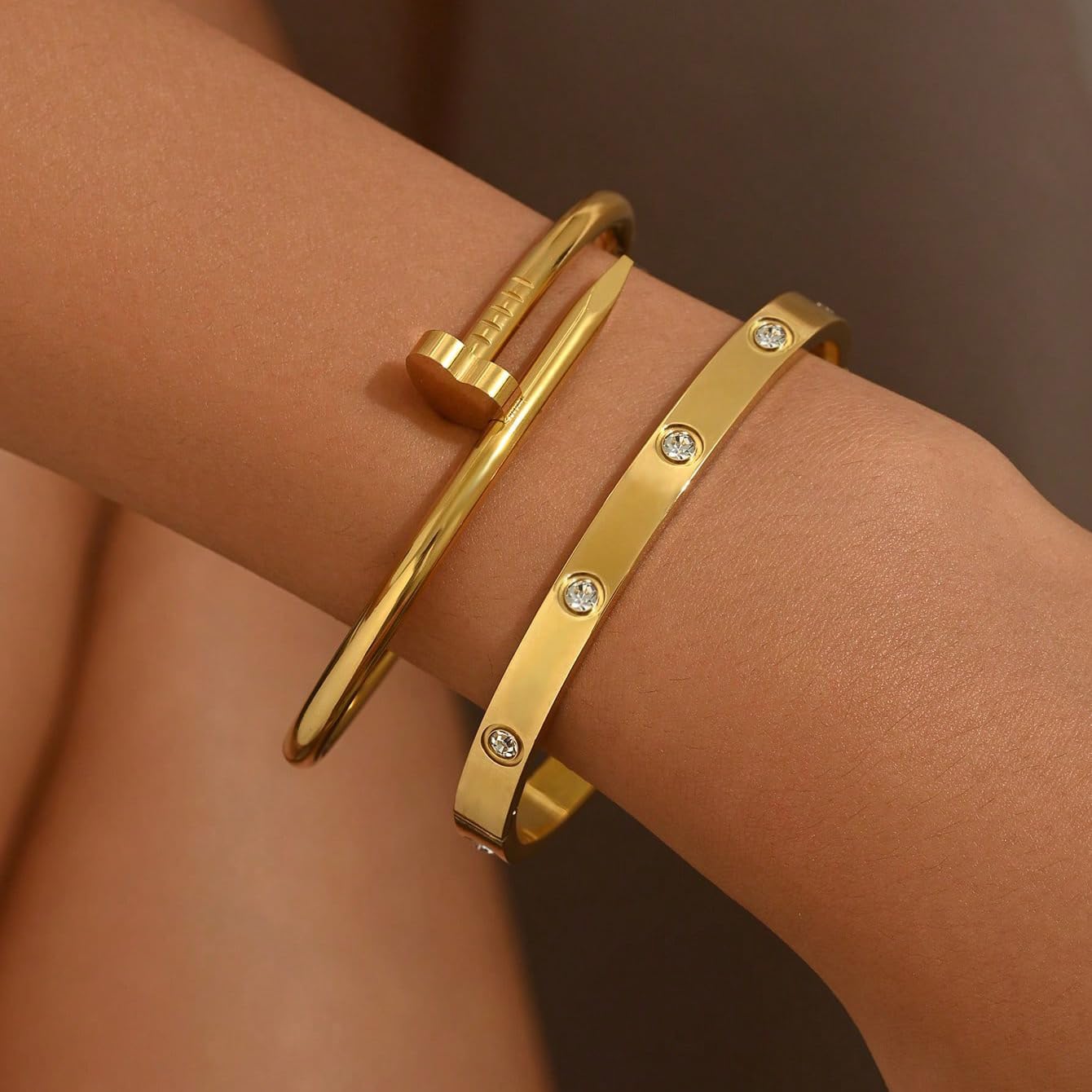 sineed 18K Gold Plated Love Nail Bangle Bracelet Set Stackable Dupes Stainless Steel Bangle Set for Love Trendy Jewelry