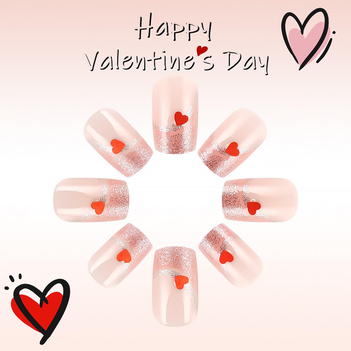 24Pcs Valentine's Day French Tip Press on Nails Medium Coffin Fake Nails with Silver Pink Glitter Heart Design Full Cover Artificial Glue on Nails Romantic Valentines Stick on Nails for Women DIY