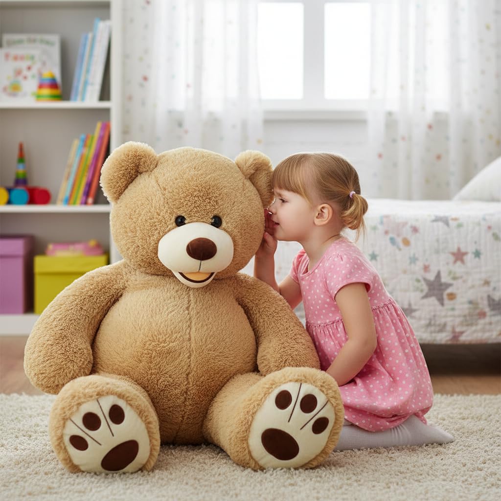 MorisMos Smiling Giant Teddy Bear, 39inch Big Stuffed Animal Bears with Large Footprints Plush, Gift Kids Girlfriend Boyfriend, Light Brown