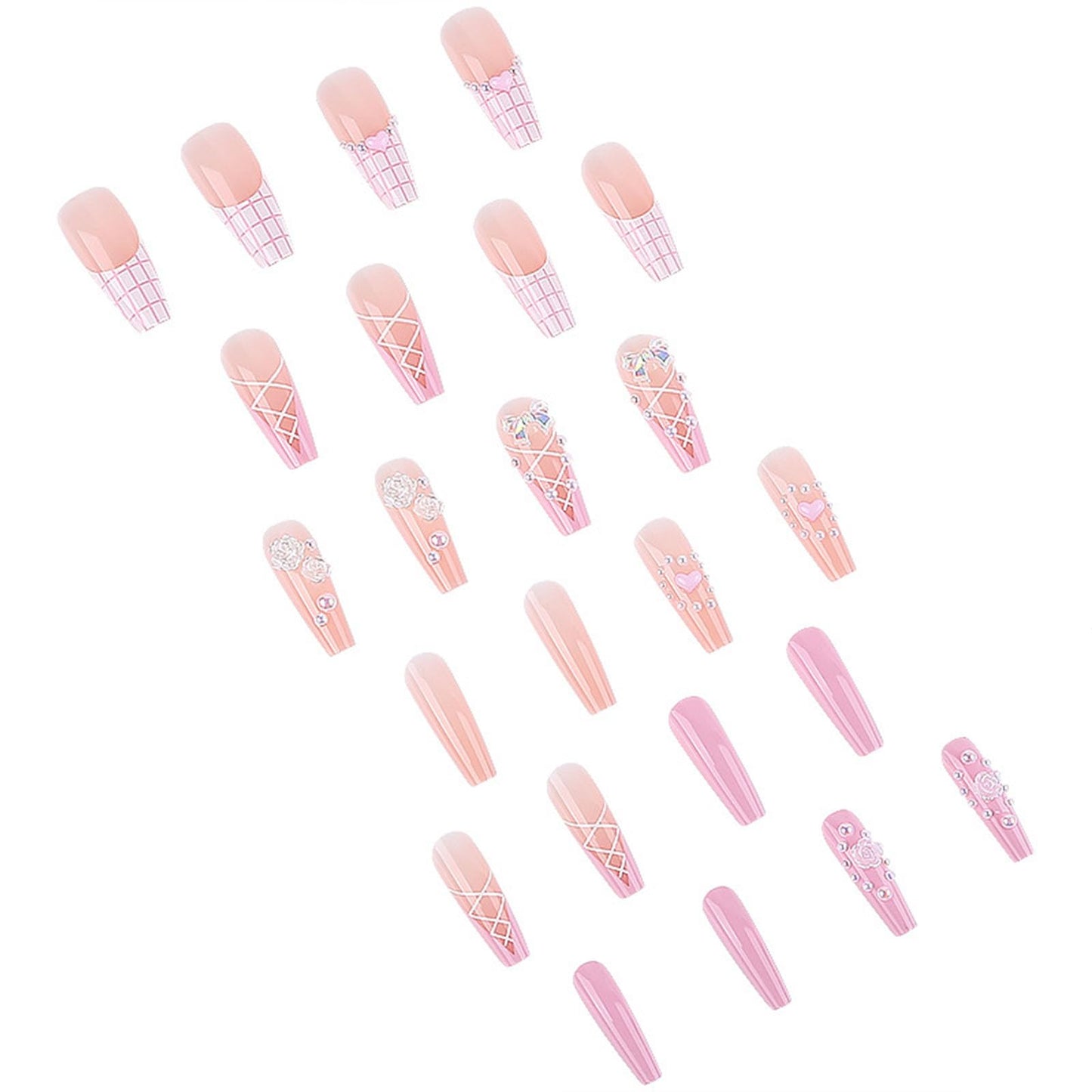 IMRAIN Valentine's Day Press on Nails Long Coffin Fake Nails Pink French Tips Glossy Glue on Nails Full Cover Cute Heart & Bow Designs Artificial Stick on False Nails