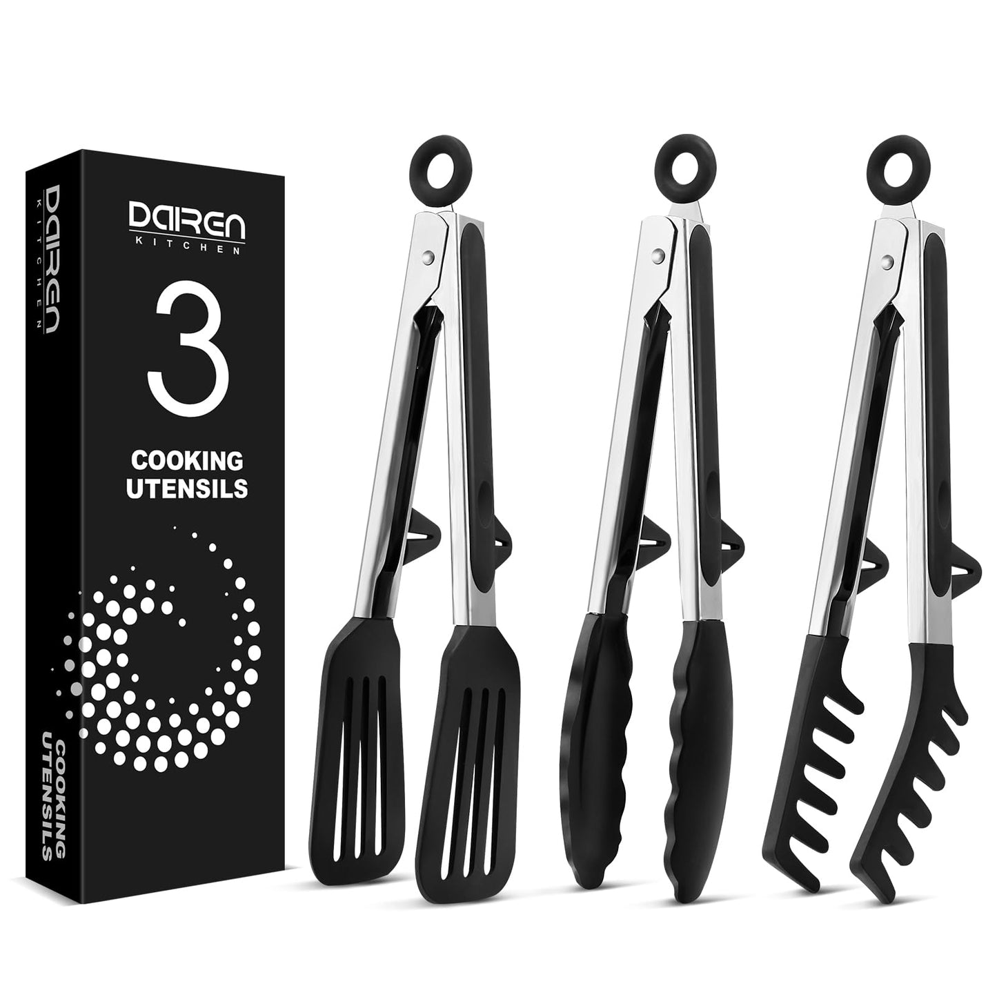 Kitchen Tongs for Cooking, Non Scratch Silicone Tip for Nonstick Cooking Pans, Food Grade Mini Serving Tongs, Pull Lock, Set of 3, Black (BLack, 9 inch)