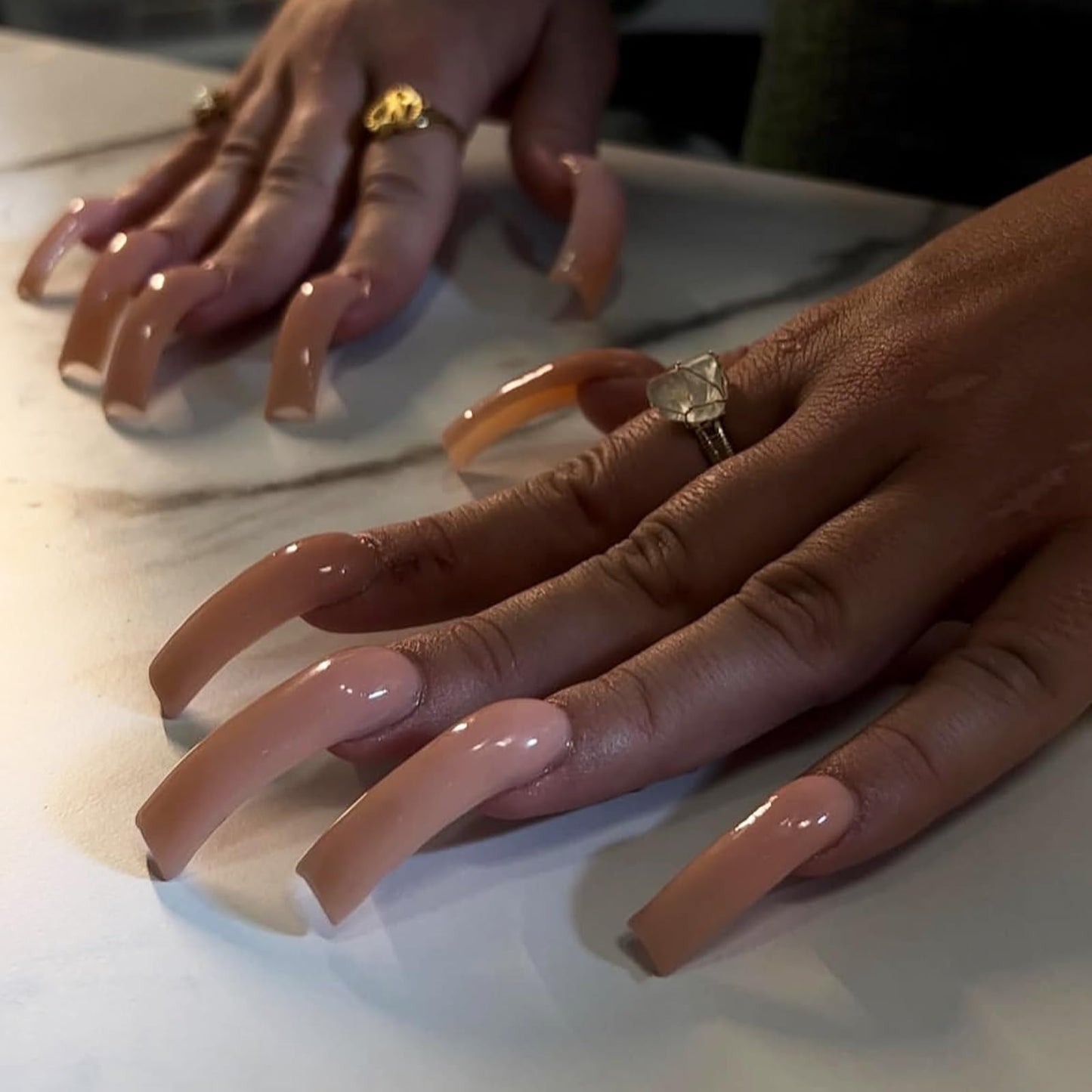IMSOHOT Curved Press on Nails Long Square Fake Nails Glossy Nude False Nails Full Cover Glossy Acrylic Artificial Extra Long Stick on Nails for Women 24Pcs