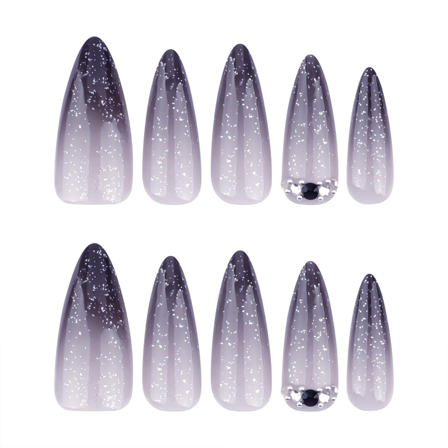 SINHOT Stiletto Press on Nails Long Fake Nails Glossy Glue on Nails Black Gradient Acrylic Nail Almond Artificial Nail Bling Glitter False Nail with Design 24 pcs