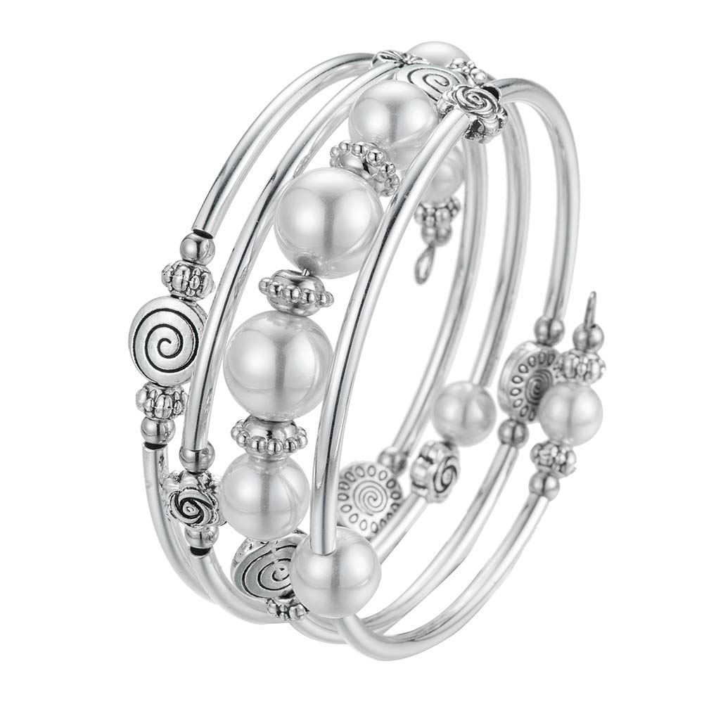 BULINLIN Bead Wrap Bangle Pearl Bracelet - Silver Metal Bracelet Gifts For Women(02-White)