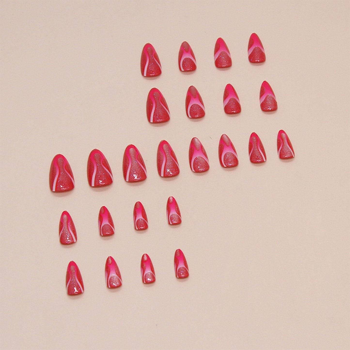IMRAIN Hot Pink Press on Nails Medium Almond Fake Nails Cat Eye False Nails Bling Wave Glossy Acrylic Full Cover Artificial Stick on Nails for Women Girls 24Pcs